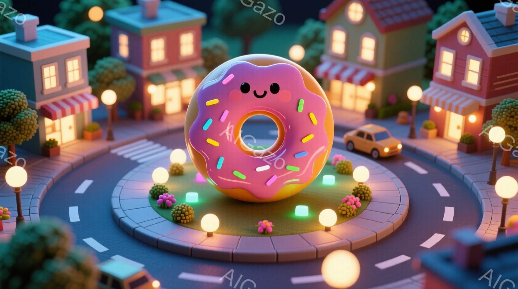 ピンク色のドーナツが街の中心にある円形の広場に置かれ、まるで彫刻のように楽しげに微笑んでいます。 周囲にはカラフルな植物が植えられ、道路には白いラインが引かれ、夜の街並みが明るい街灯によって照らされて - AI生成フリー素材
