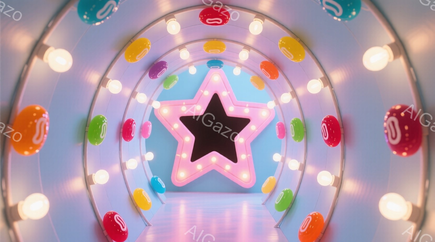 鮮やかなピンク色の星形が、白いトンネルの中心に大きく浮かび上がっています。トンネル内は、様々な色のキャンディのような球体と、明るい電球で装飾されており、まるで遊園地のアトラクションのような雰囲気です。全体的に、夢のような、遊び心に満ちた空間が表現されています。