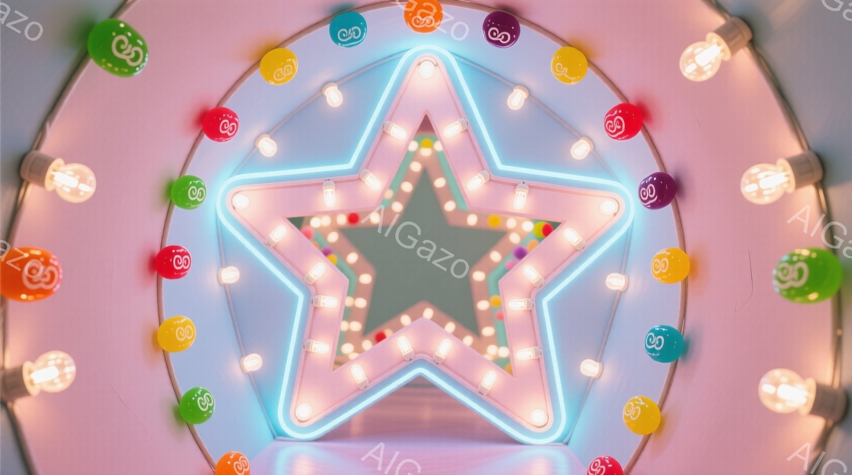 ピンク色の壁に沿って、明るい水色の星形ライトが並んでいます。星形の周囲には、様々な色の風船が等間隔に配置され、遊び心のある、夢のような雰囲気を醸し出しています。背景はぼやけていますが、星形ライトが空間 - AI生成フリー素材