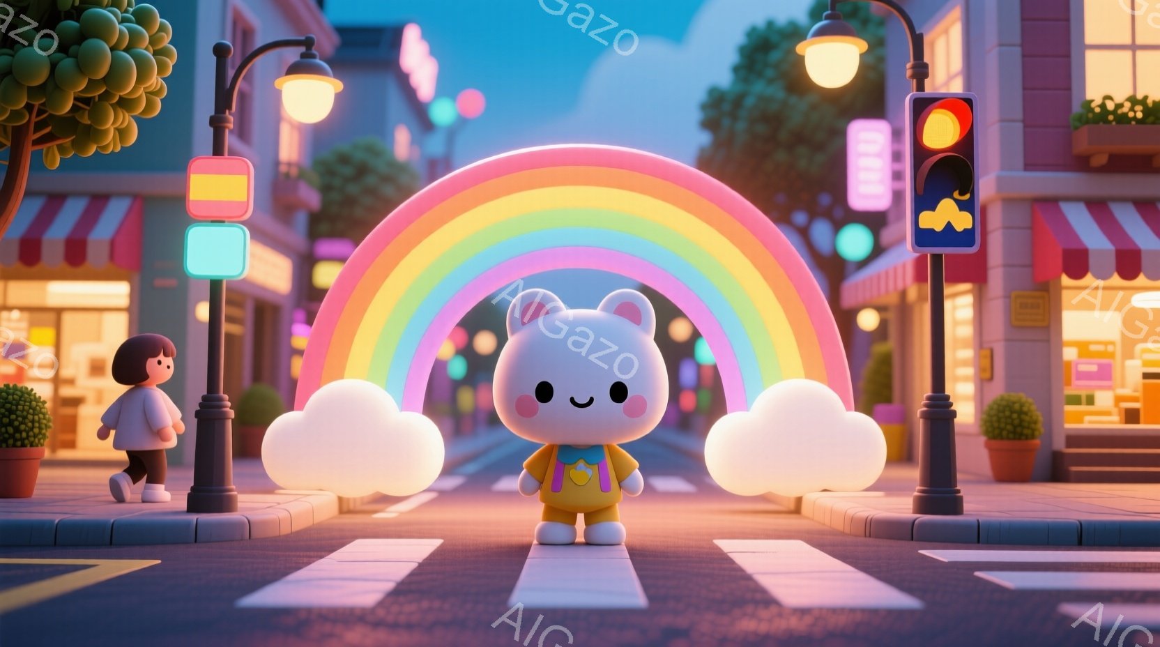 鮮やかな色彩で構成された街並みを背景に、クマのキャラクターが虹の下を歩いています。クマは黄色のオーバーオールと帽子を身に着け、愛らしい表情を浮かべています。背景には、パステルカラーの建物や植物、そして - AI生成フリー素材