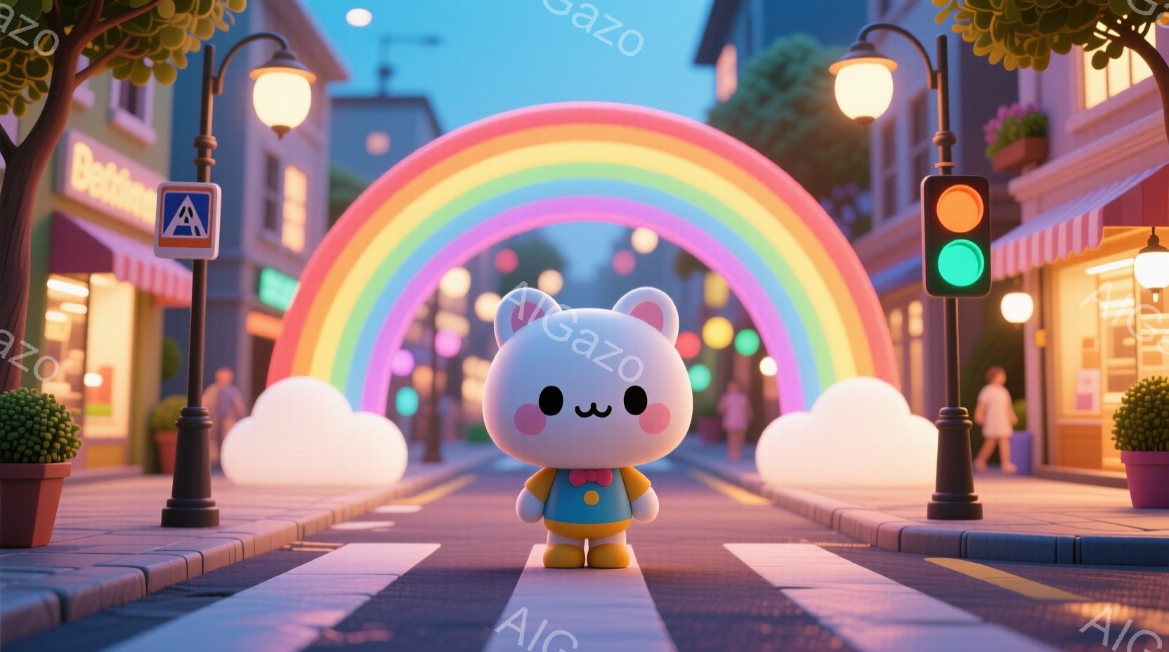 白くて丸いクマのキャラクターが、横断歩道の中央に立っている。キャラクターは水色のオーバーオールと赤いリボンをつけており、つぶらな瞳と微笑んでいる表情が可愛らしい。背景には虹がかかり、カラフルな建物や街 - AI生成フリー素材