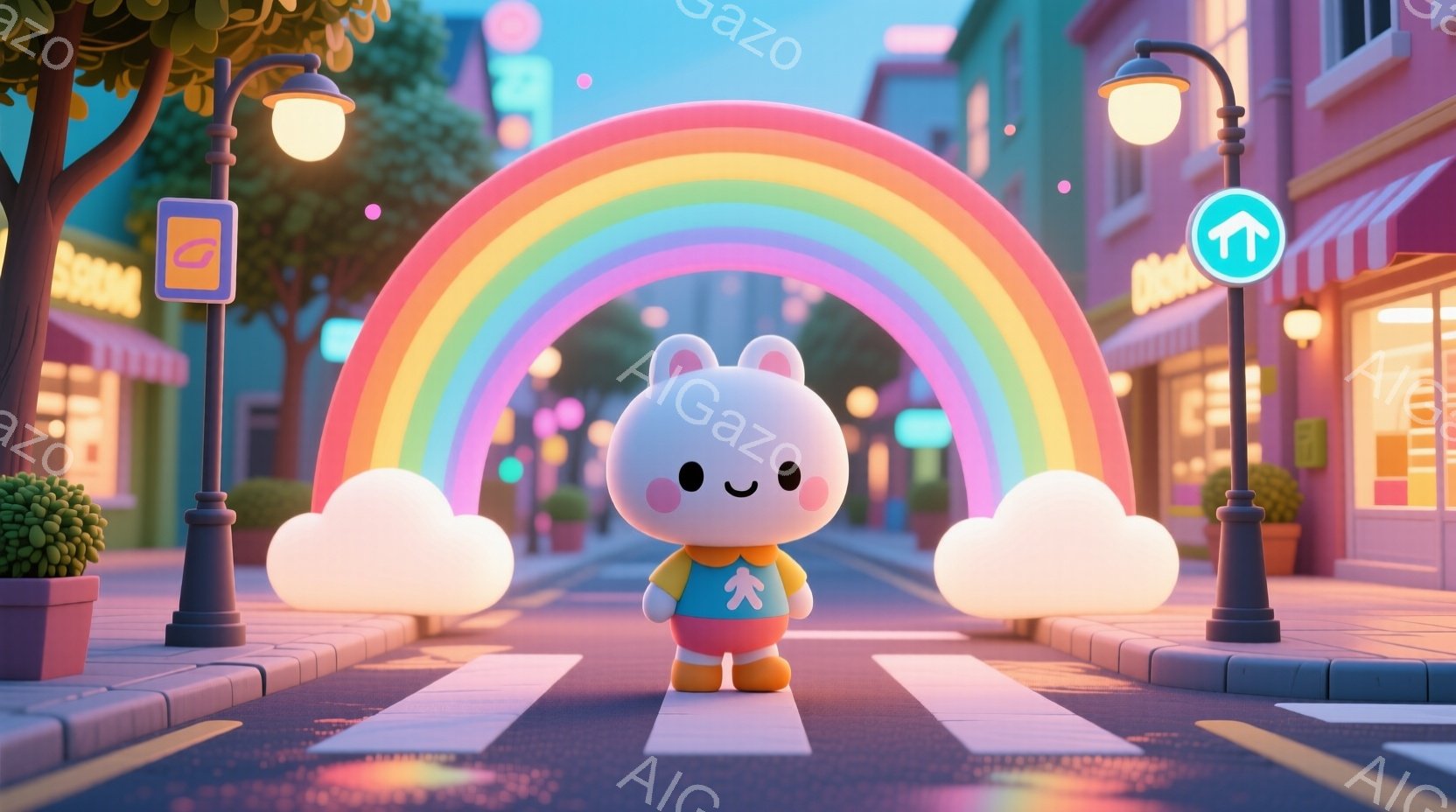 白くてふわふわしたウサギのキャラクターが、虹の下で横断歩道に立っています。ウサギは青いオーバーオールと白いシャツを着ており、笑顔で可愛らしい表情をしています。背景には、カラフルな建物や街灯があり、晴れ - AI生成フリー素材