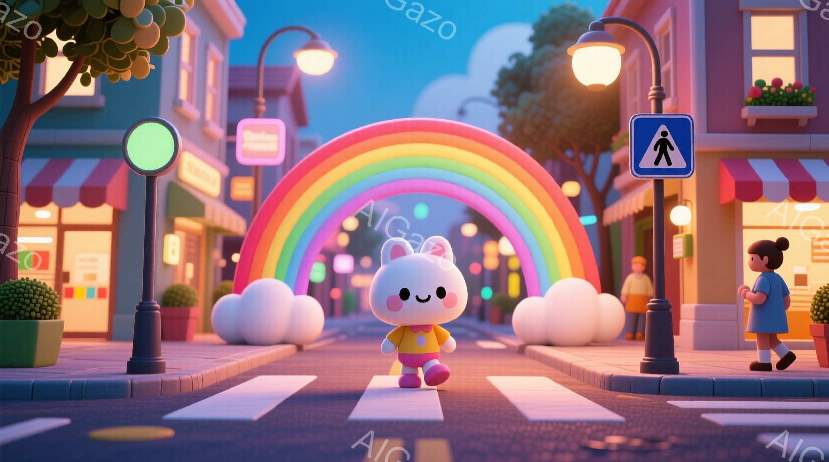 可愛らしいキャラクターが虹の下を横断歩道を歩いている様子を描いています。キャラクターは白い体に黒い目と口を持ち、ピンク色の服を着ています。背景にはカラフルな建物、緑の植物、そして青い空が広がっており、 - AI生成フリー素材