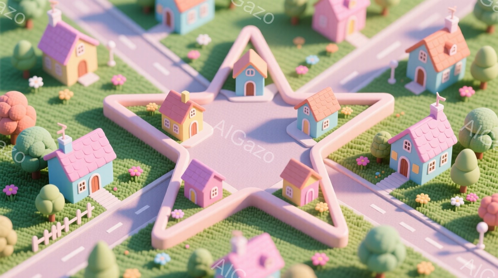 鮮やかなピンク色の星形をした道路が緑の芝生の上を走っており、その周りには可愛らしいパステルカラーの家々が並んでいます。それぞれの家は小さな庭とフェンスで囲まれ、カラフルな花々が咲き誇り、暖かく夢幻的な - AI生成フリー素材