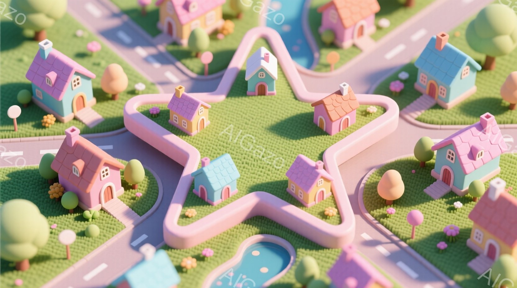 パステルカラーの可愛らしいミニチュアの街並みを捉えています。ピンク、水色、オレンジ色の家々が緑の芝生の上に並び、小さな道路がそれらを繋げています。全体的に柔らかい光が差し込み、夢のような、遊び心のある - AI生成フリー素材