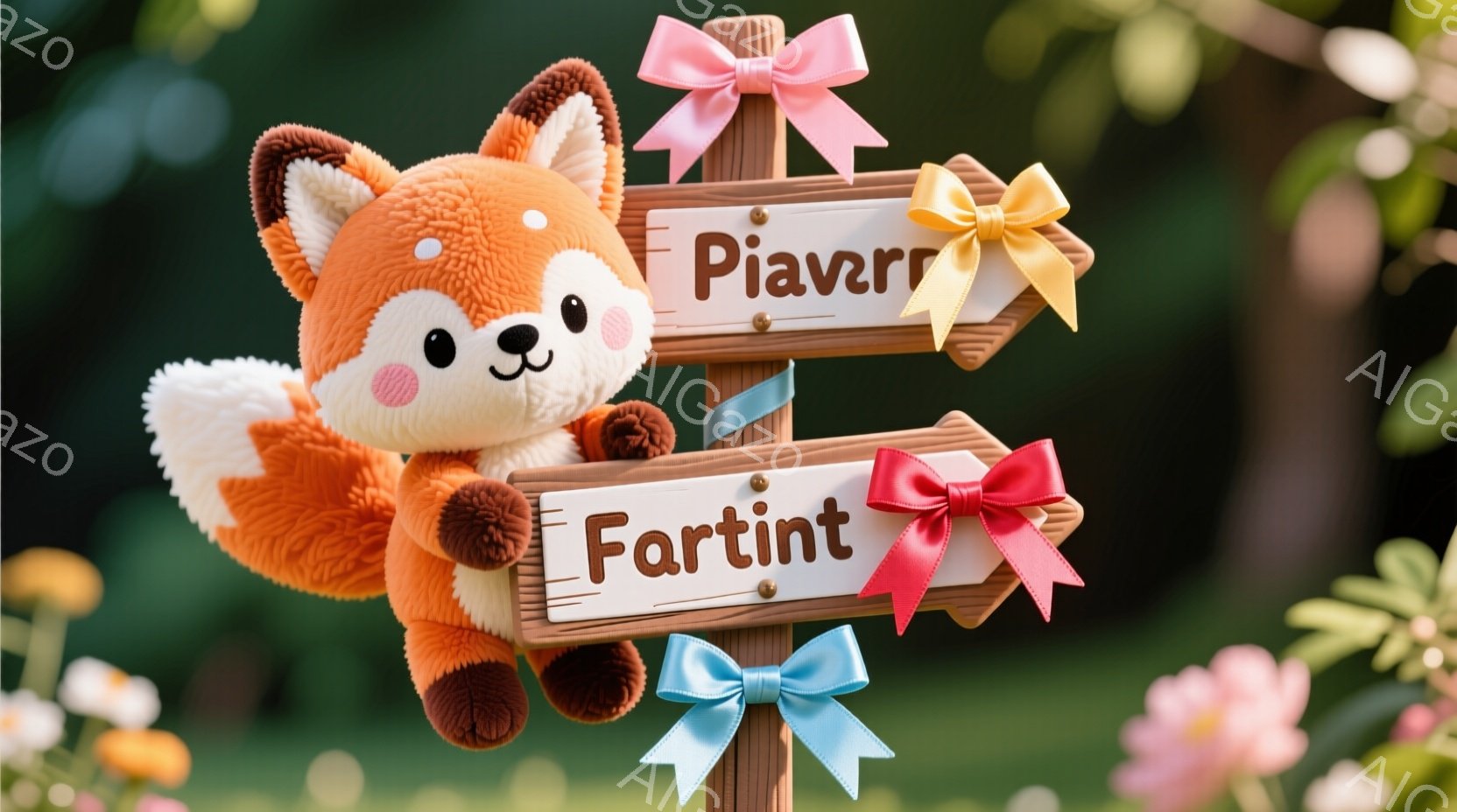 ふわふわのオレンジ色のキツネのぬいぐるみは、木製の看板にぶら下がっています。看板には「Fartint」と「Piavrr」という文字が書かれ、それぞれピンクと水色のリボンで飾られています。背景にはぼやけたピンクの花々が見え、暖かく優しい雰囲気を醸し出しています。