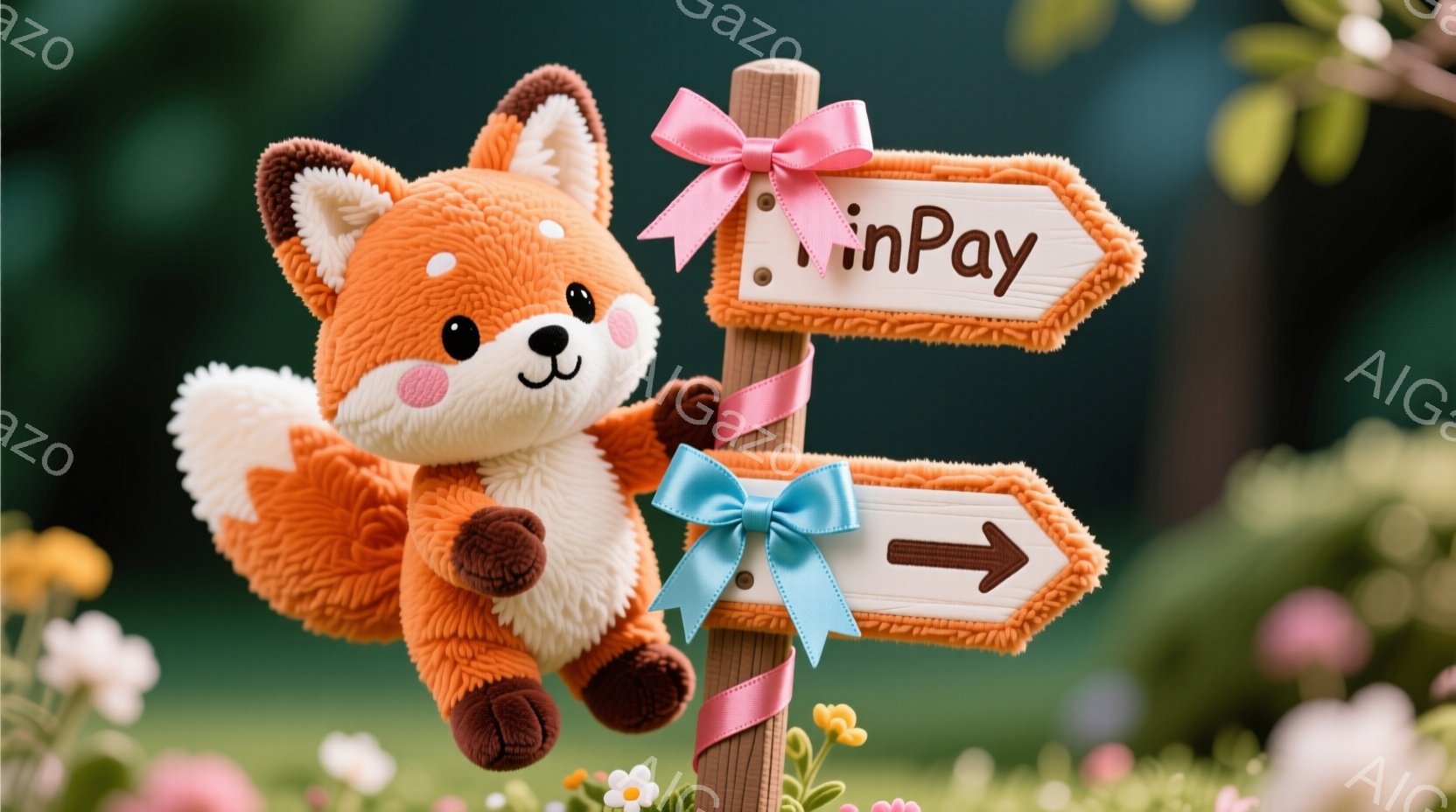 明るいオレンジ色の毛並みを持つ子ギツネが、木製の道標にしがみついています。道標には水色のリボンとピンク色のリボンが結ばれており、「inPay」という文字が書かれています。背景には、ぼやけた緑の葉や小さ - AI生成フリー素材