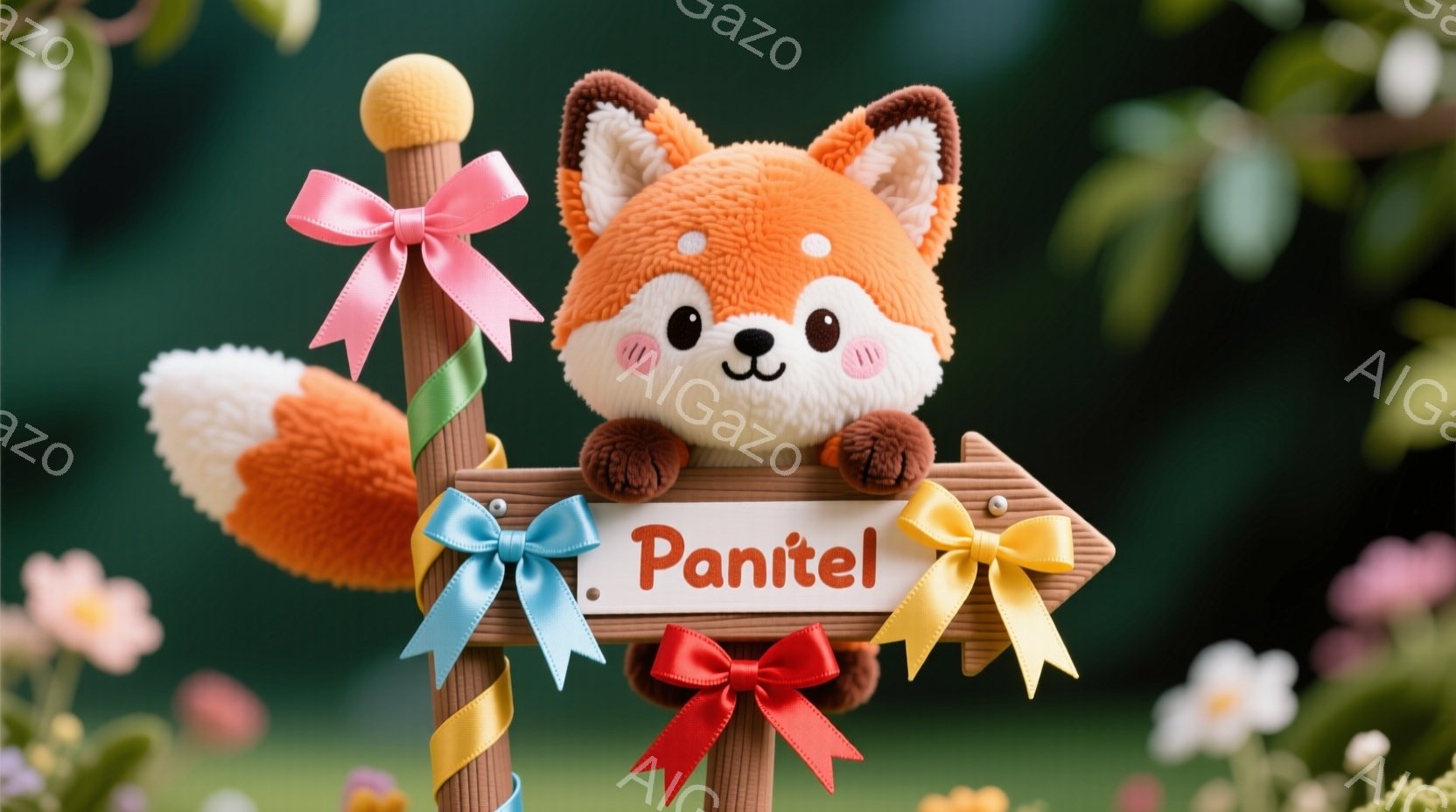明るい緑色の背景に、オレンジ色の狐のキャラクターが描かれています。狐は茶色の矢印の看板に両手でしがみつき、看板には「Panitel」と書かれています。看板には、青、赤、黄色のリボンが飾り付けられており - AI生成フリー素材