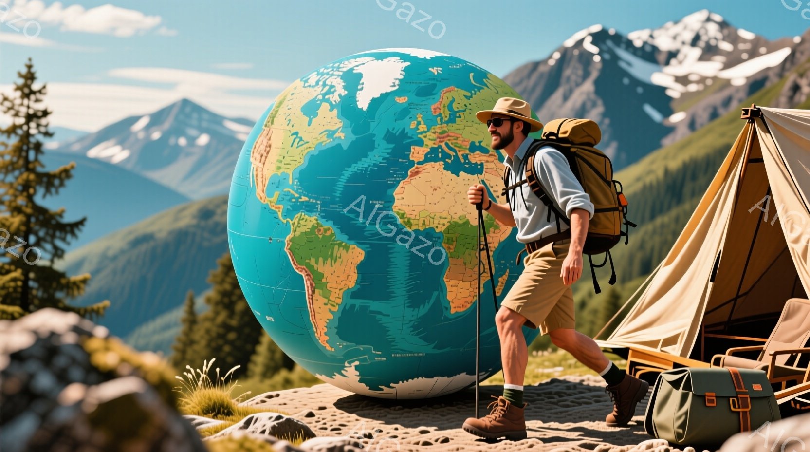 険しい山岳地帯で、帽子とサングラスをかけた男性が地球儀を押して歩いている。彼はカーキ色のショートパンツとハイキングブーツを履き、背中に大きなリュックサックを背負っている。背景には、緑豊かな森林、そびえ - AI生成フリー素材