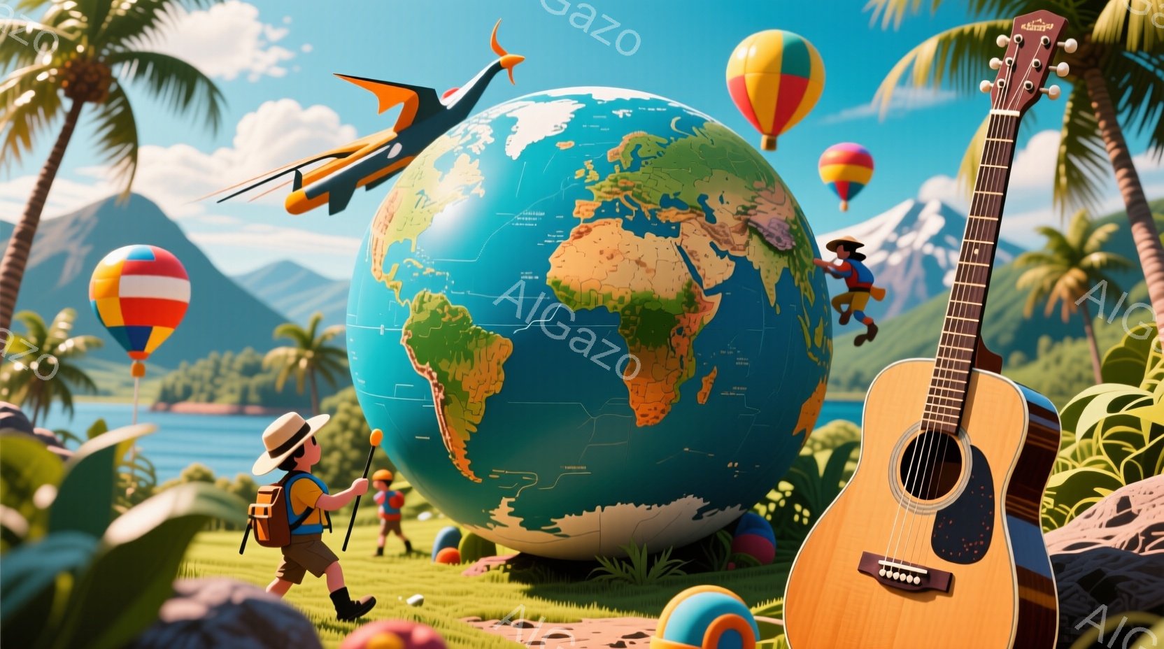 広大な地球儀の周りを、リュックを背負った少年が歩いている様子が描かれている。背景には青い海と緑豊かな山々が広がり、空にはカラフルな気球や飛行機が浮かんでいる。全体的に明るく陽気な雰囲気で、冒険心や旅行への憧れを掻き立てるイメージだ。