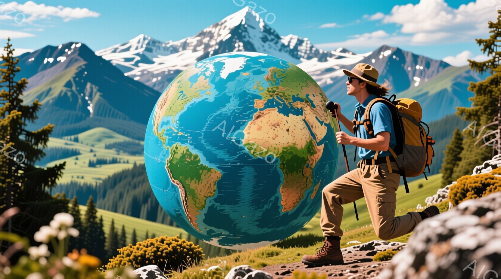 登山家と思しき男性が、巨大な地球儀の隣でひざまずいている。彼はベージュ色のズボンとジャケット、麦わら帽子を着用し、リュックサックを背負っている。背景には緑豊かな丘陵地帯と雪を抱いた山々が広がり、晴天の - AI生成フリー素材