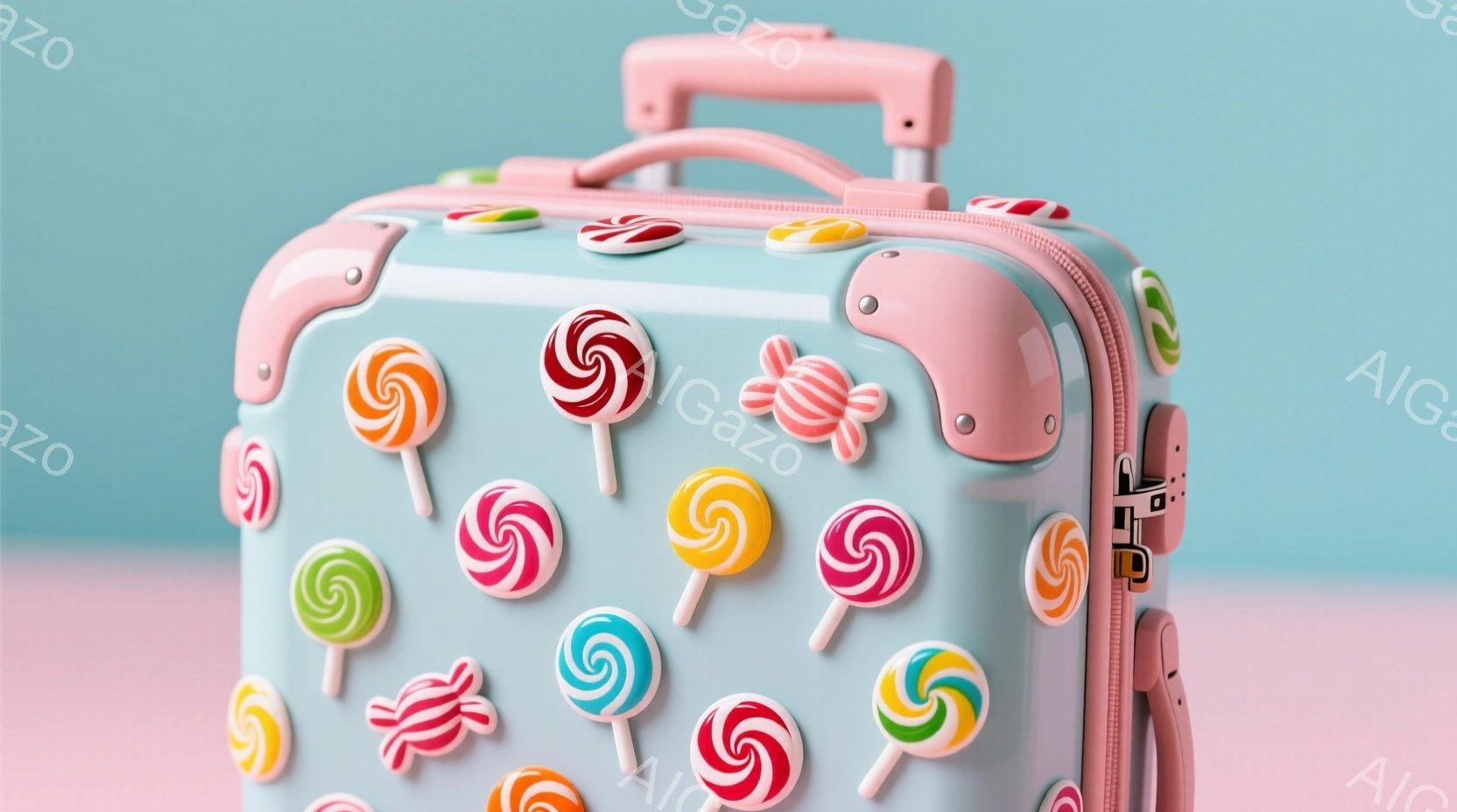 明るい水色のキャリーケースが、キャンディやグミのステッカーで埋め尽くされています。背景は淡いピンク色で、ケースと背景の組み合わせが可愛らしい雰囲気を醸し出しています。全体的に遊び心があり、子供向けの旅行やイベントを連想させるイメージです。