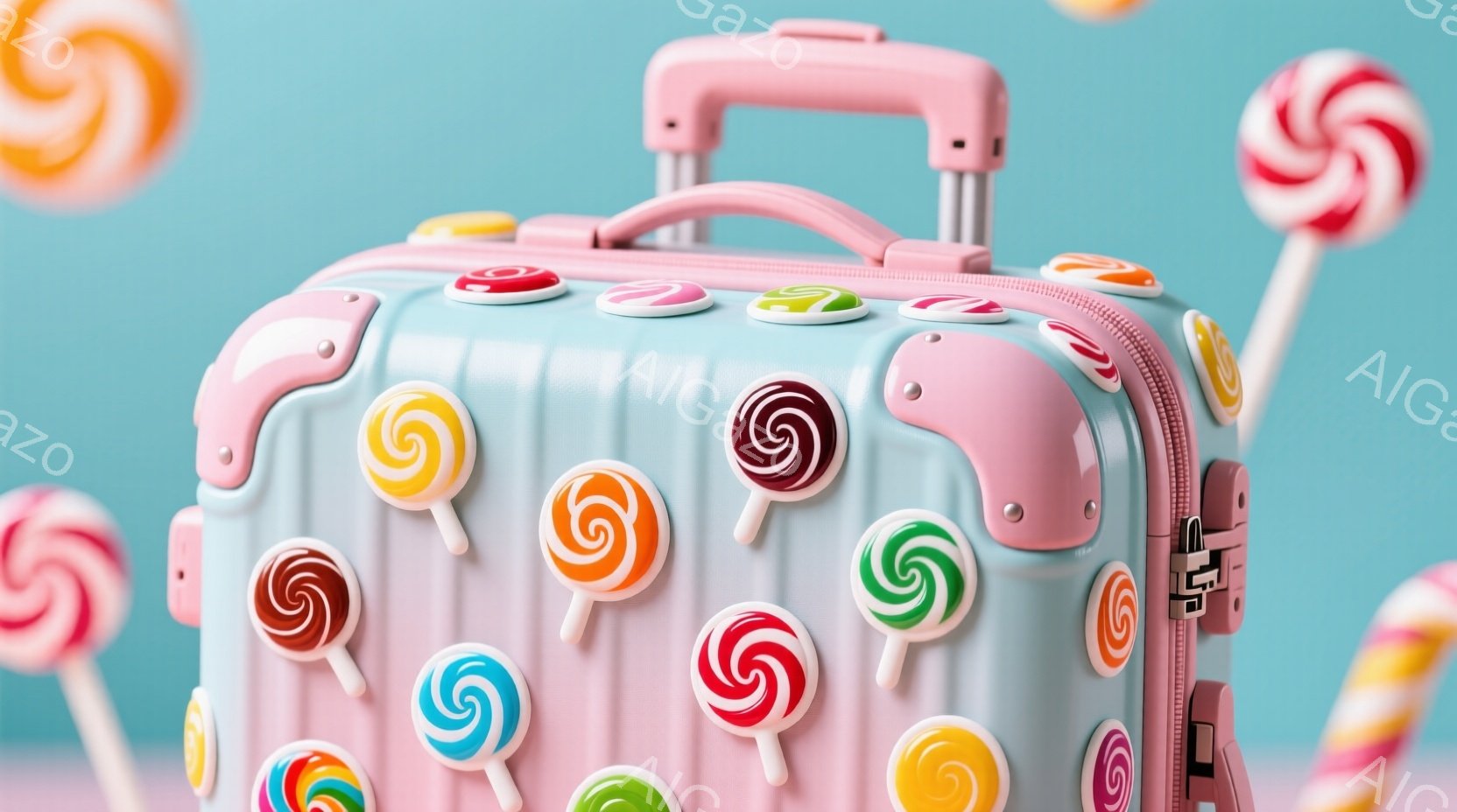 明るいピンク色のスーツケースが、カラフルなキャンディのステッカーで覆われています。背景は水色のグラデーションで、様々な色のキャンディが立っていて、遊び心のある楽しい雰囲気を醸し出しています。全体的に、 - AI生成フリー素材