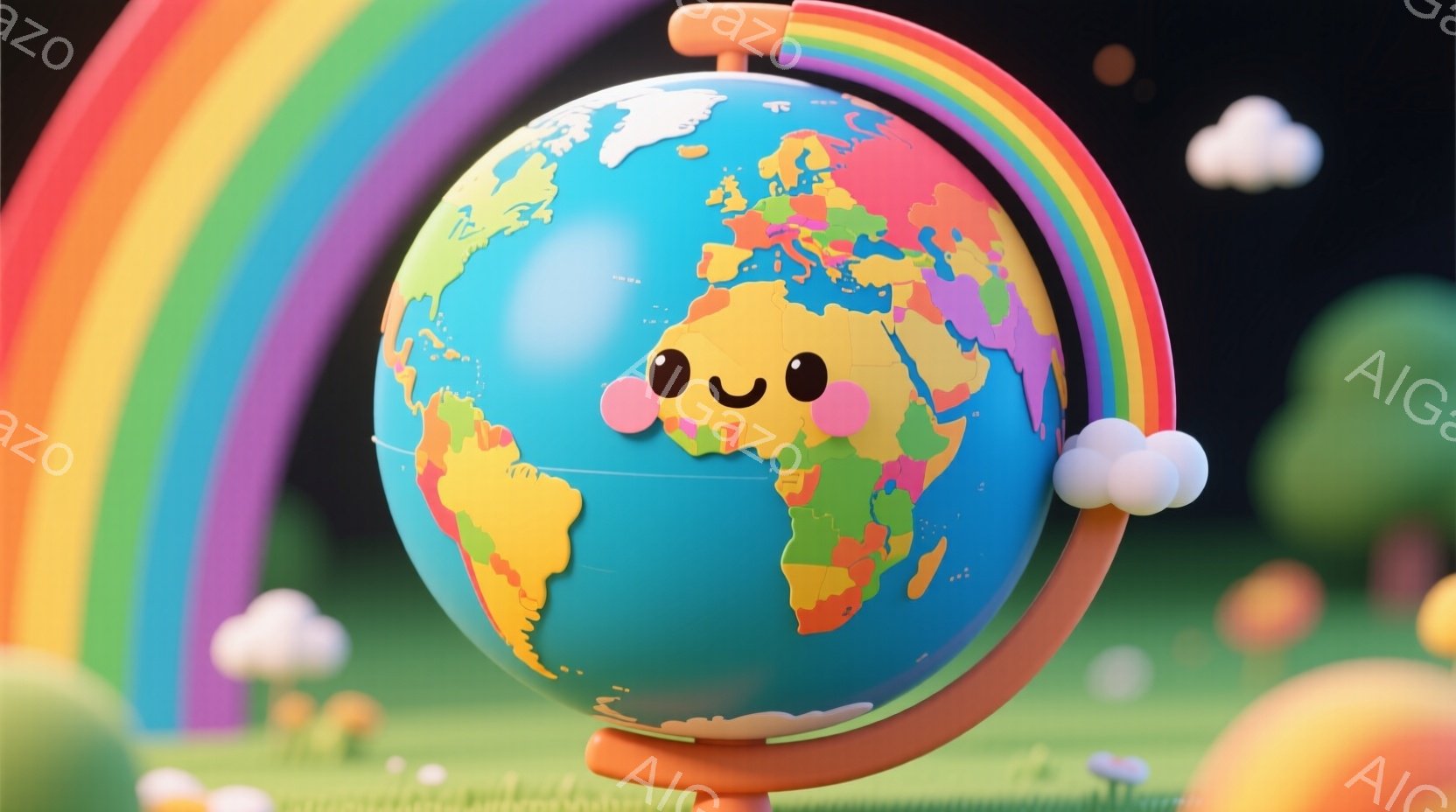 地球儀が可愛らしい表情で描かれており、まるで生きているかのような印象を与えます。背景には虹と緑の草地、そしてふわふわとした雲が浮かび、明るく楽しい雰囲気を醸し出しています。全体的にパステルカラーで柔ら - AI生成フリー素材