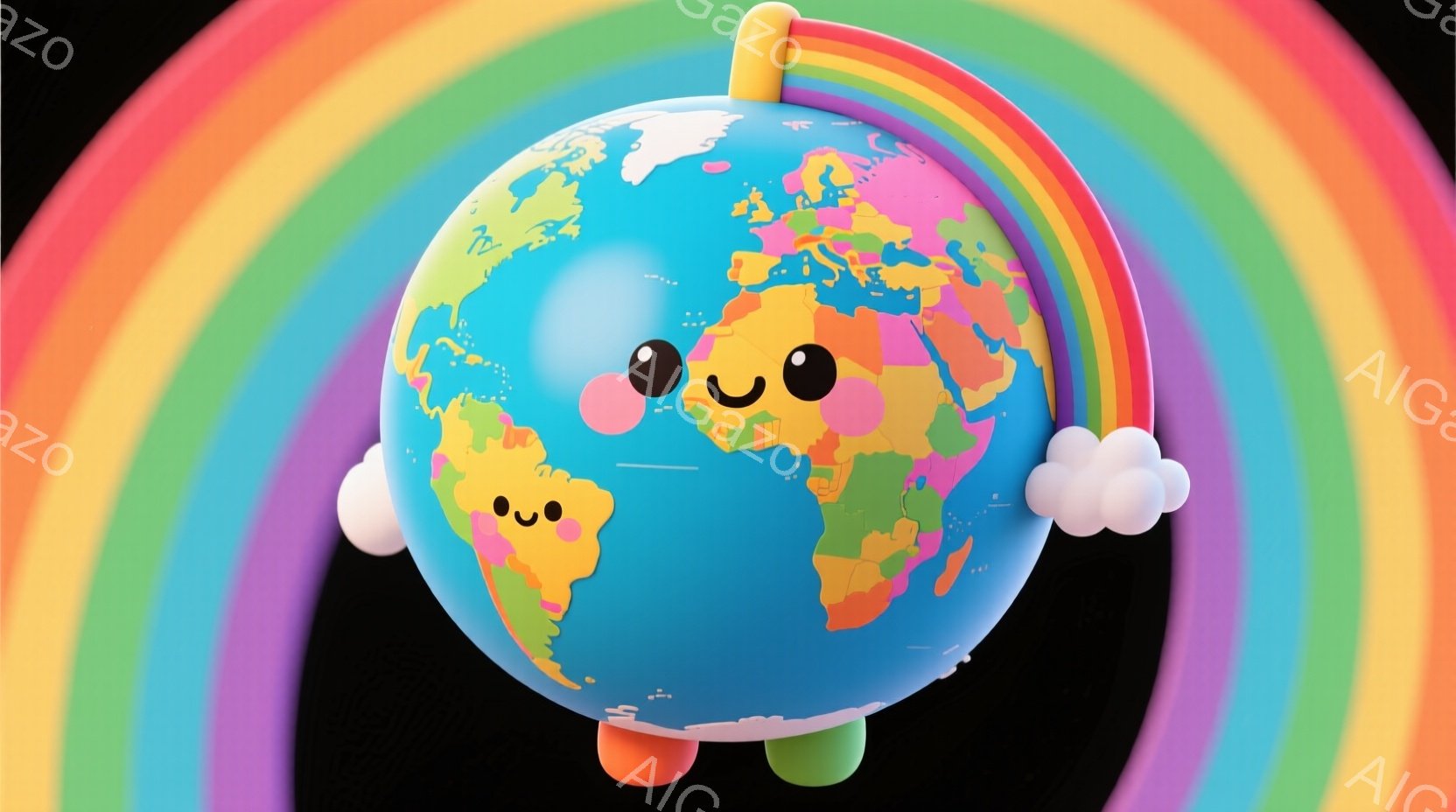 地球儀が可愛らしい表情で虹の下に浮かんでいます。地球儀には大陸がカラフルに描かれており、まるで生きているかのような笑顔とつぶらな瞳が印象的です。背景は暗闇で、虹が地球儀を明るく照らし出し、全体的にほのぼのとした、夢のような雰囲気を醸し出しています。