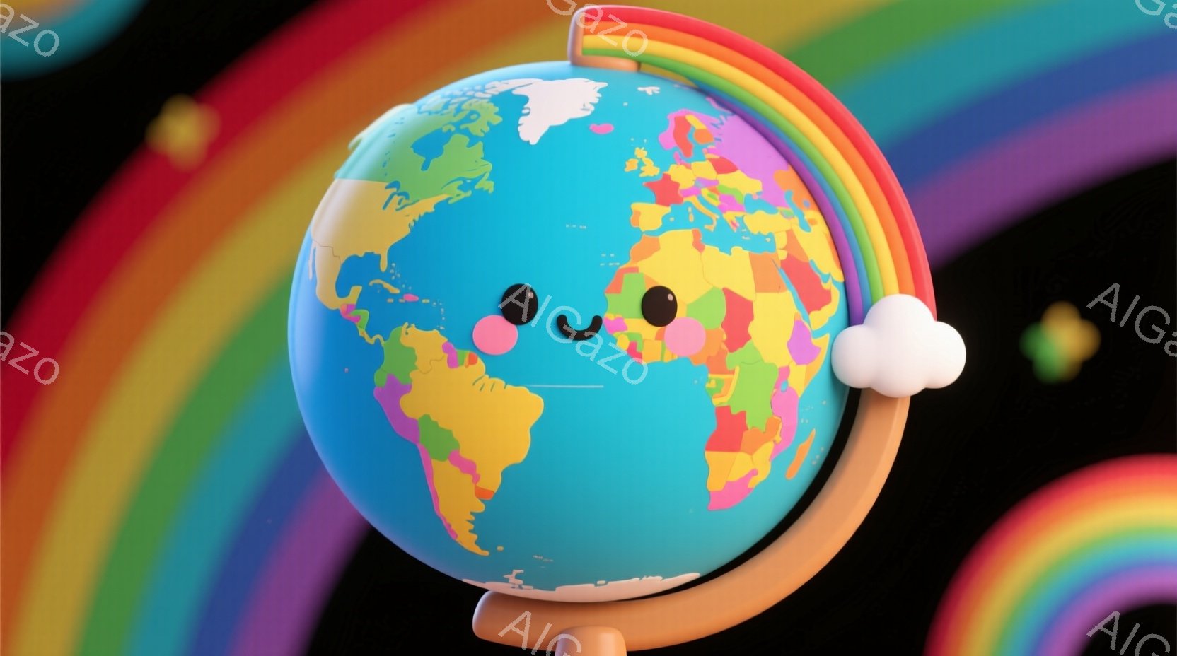 地球儀が明るいターコイズブルーを基調としており、大陸は鮮やかな色で表現されています。可愛らしい笑顔と、頬のりんごのような赤みが特徴的で、雲のような白いふわふわが肩に乗っています。背景は虹色のアーチが描 - AI生成フリー素材