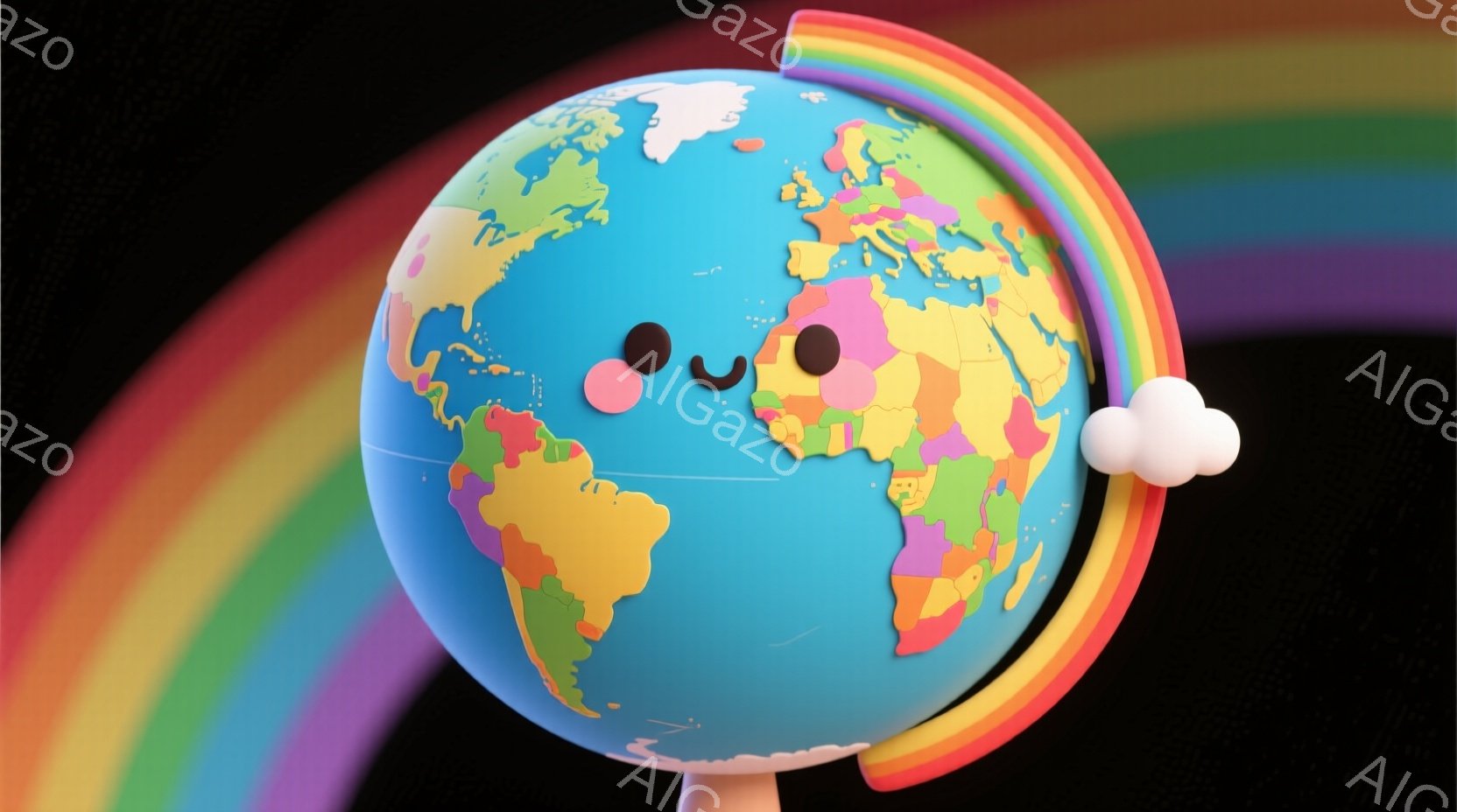 地球儀が虹色の背景に浮かび、可愛らしい表情をしています。各大陸は鮮やかな色で区別され、地球儀には小さな雲が寄り添っています。全体的に明るく、希望に満ちた、遊び心のある雰囲気が漂っています。 - AI生成フリー素材