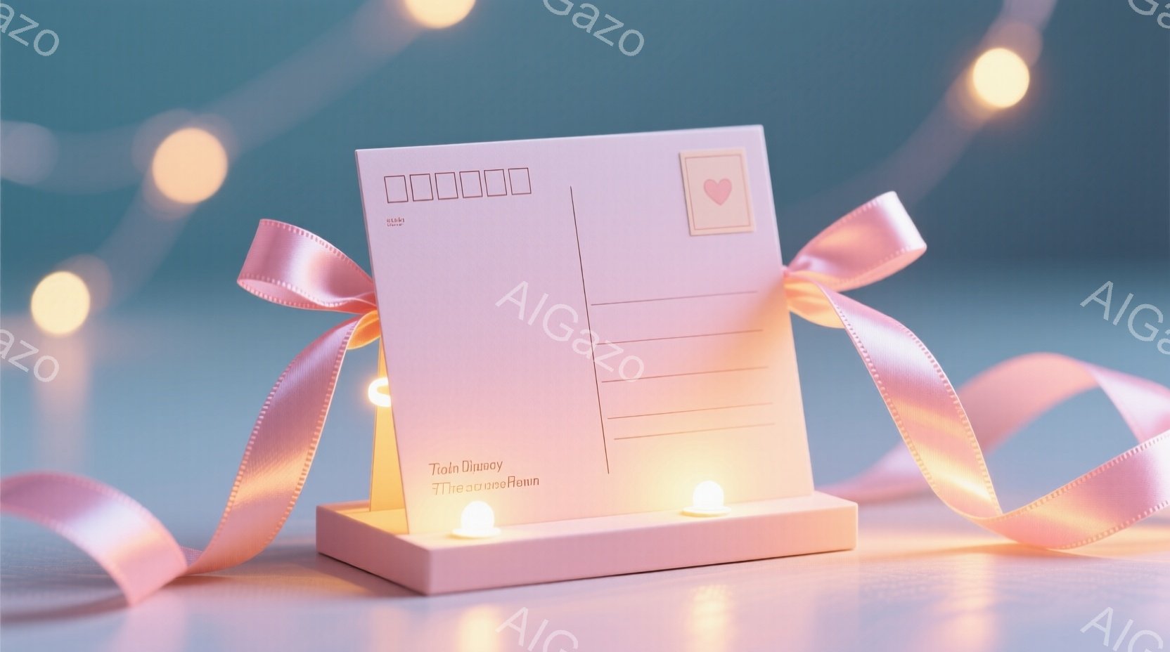 薄いピンク色の便箋が、同じ色のリボンで飾り付けられた小さな段ボールの台の上に置かれています。背景にはぼやけた光の帯があり、全体的に温かくロマンチックな雰囲気を醸し出しています。小さな白いキャンドルがい - AI生成フリー素材