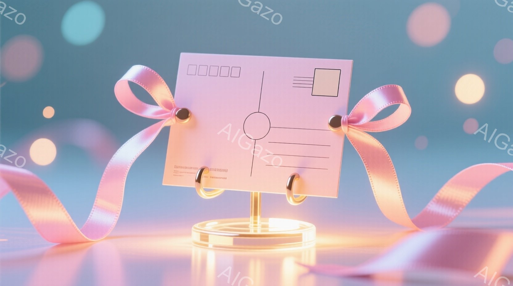 鮮やかなターコイズブルーの背景に、白いポストカードがリボンで飾られた透明な台座の上に置かれています。ポストカードは手紙を書くためのスペースがあり、明るいピンク色のリボンが優雅に結ばれており、全体的にソフトで夢のような雰囲気が漂っています。背景にはぼやけたピンクと白の円形の光が散りばめられており、明るさと奥行きを与えています。