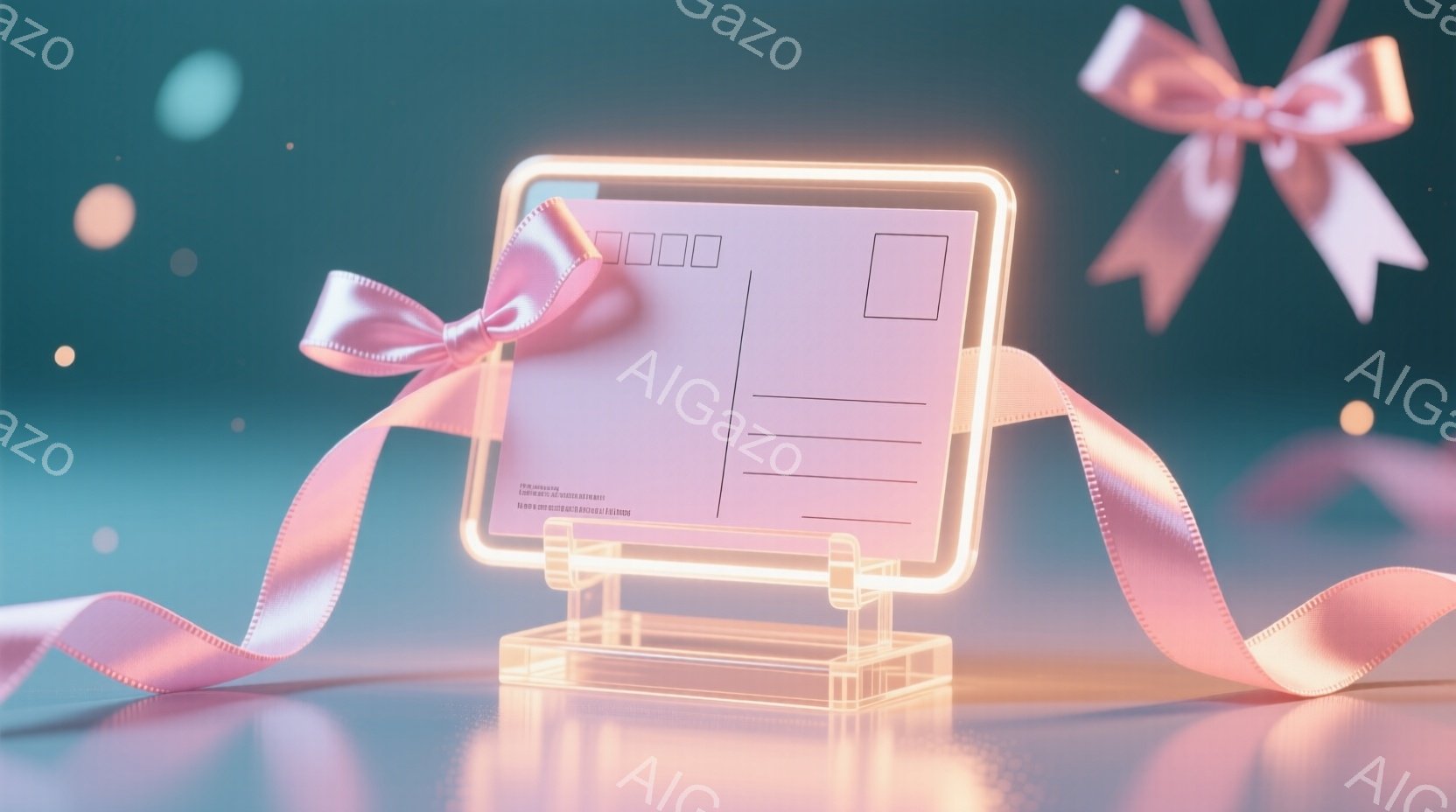 鮮やかなピンクのリボンが、透明な台座の上に置かれた白いカードを飾り付けている。背景は淡いピンク色で、ぼんやりとした光の粒子が漂い、全体的に夢幻的でロマンチックな雰囲気を醸し出している。カードは少し傾いており、リボンが優雅に垂れ下がっている様子が、柔らかく上品な印象を与える。