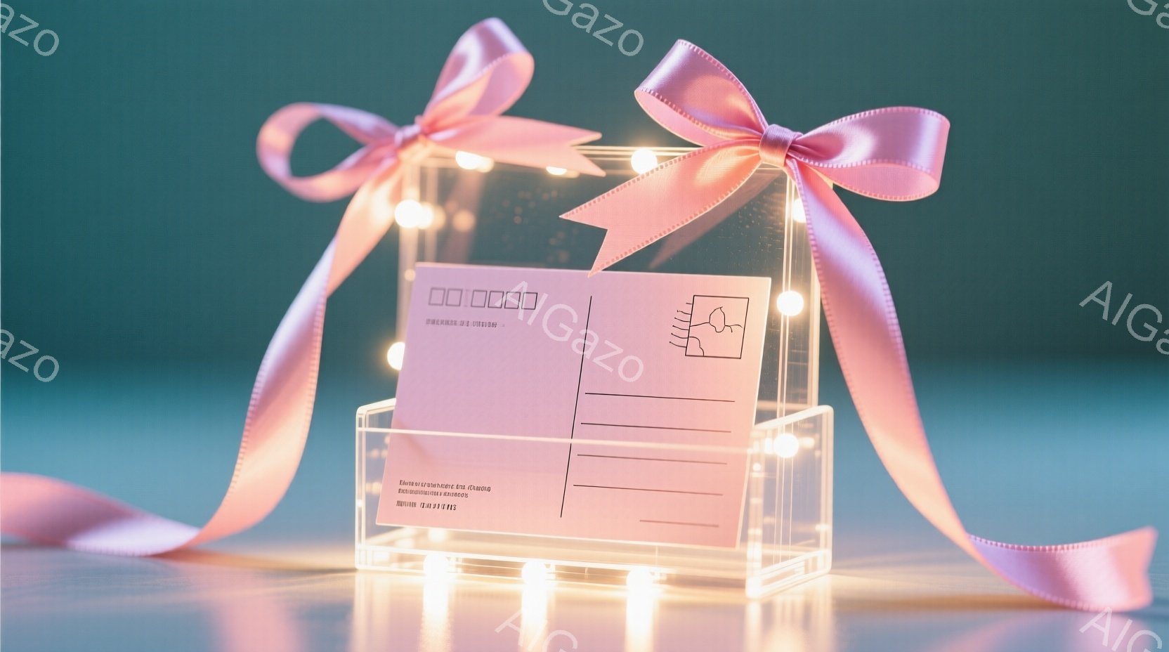 透明な箱の中にピンク色のカードが入っており、リボンで飾られています。箱の周りには小さな電球が飾られ、暖かく柔らかい光を放っています。全体的に優雅でロマンチックな雰囲気が漂っており、贈り物や記念品として - AI生成フリー素材