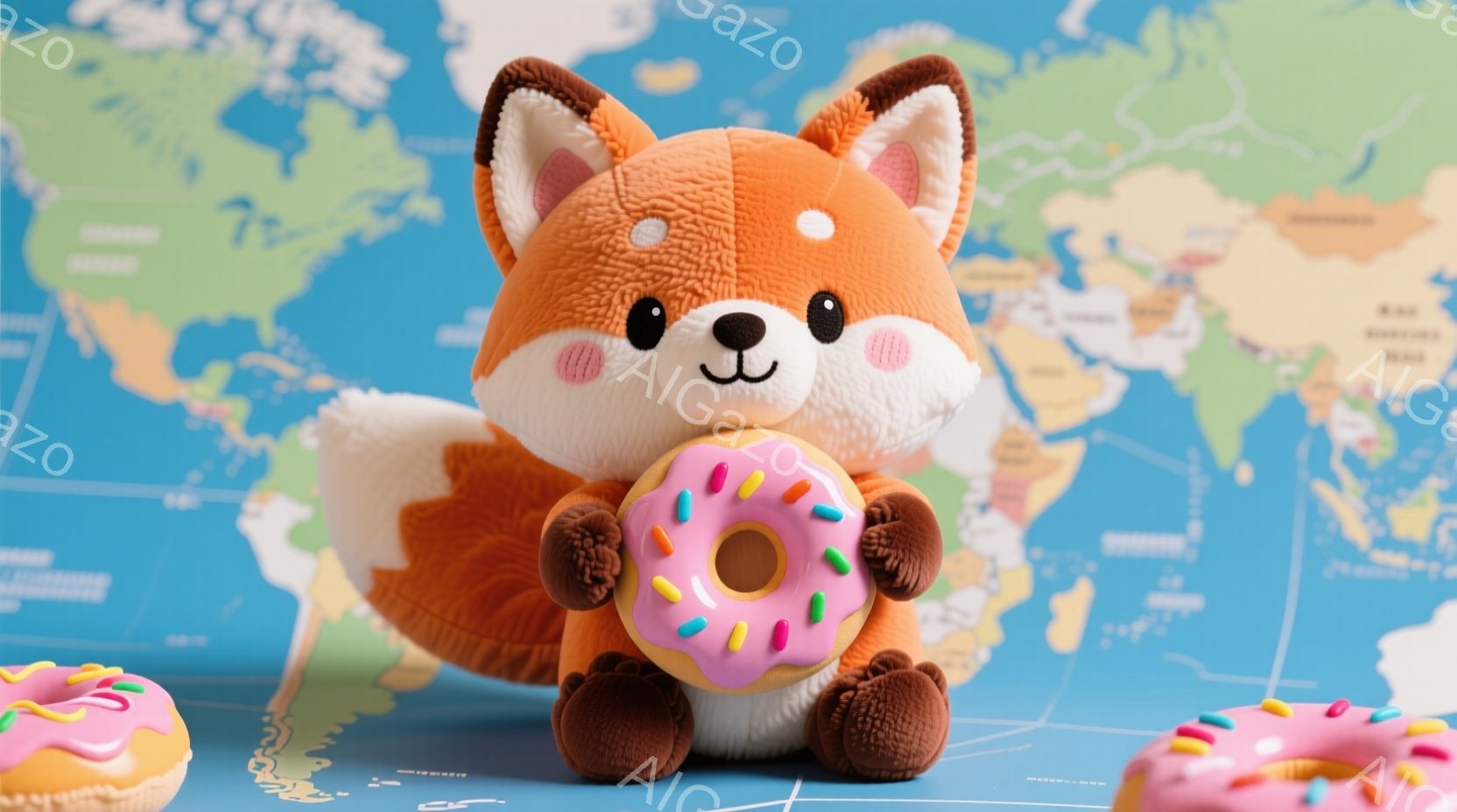 鮮やかなオレンジ色のふわふわしたキツネのぬいぐるみは、ピンク色のアイシングがけのドーナツを両手で抱えています。背景には世界地図が広がり、明るい青色を基調とした空間が広がっています。ドーナツが散りばめら - AI生成フリー素材