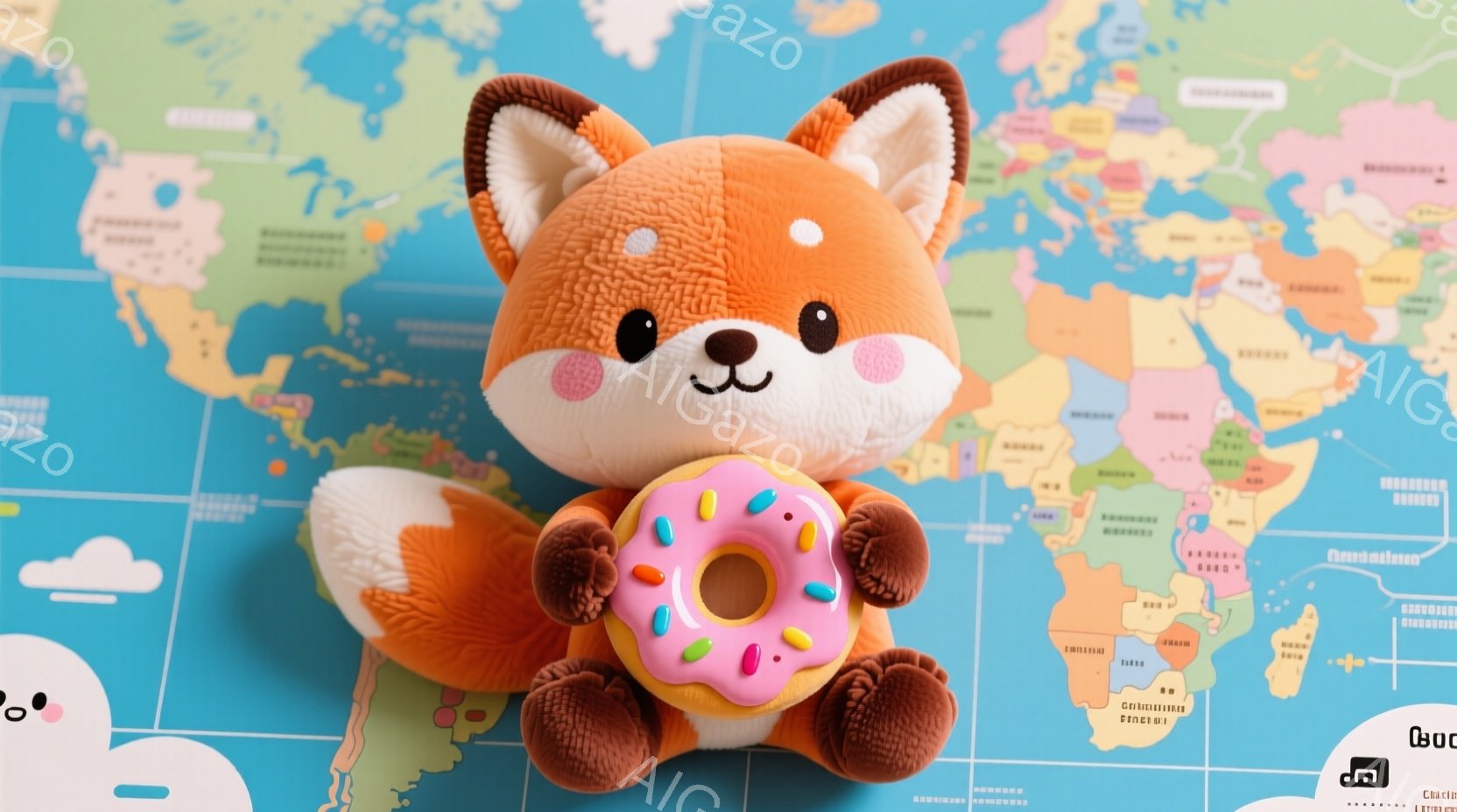オレンジ色のふわふわした狐のぬいぐるみが、世界地図を背景に座っています。狐は大きなドーナツを抱え、嬉しそうな表情をしています。背景は青色の世界地図で、カラフルな国々が描かれており、明るく楽しい雰囲気が - AI生成フリー素材