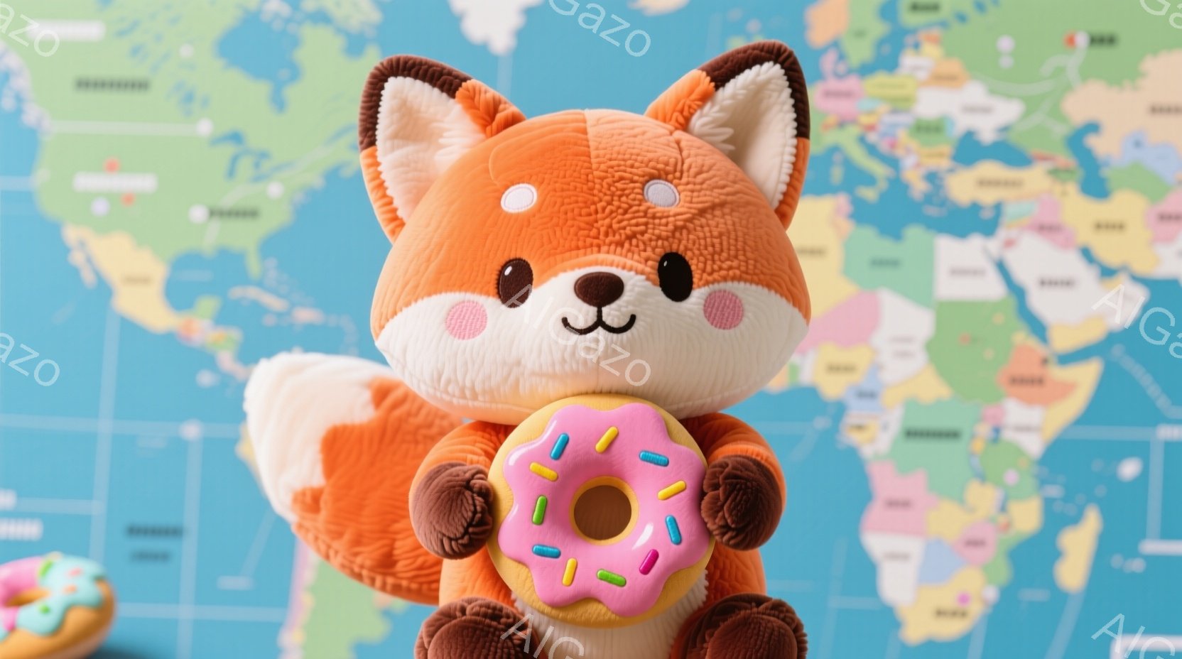 オレンジ色のふわふわしたキツネのぬいぐるみは、大きなピンク色のドーナツを抱えています。背景には世界地図が広がり、明るく楽しい雰囲気を醸し出しています。ドーナツのカラフルな色合いが、ぬいぐるみ全体の可愛 - AI生成フリー素材