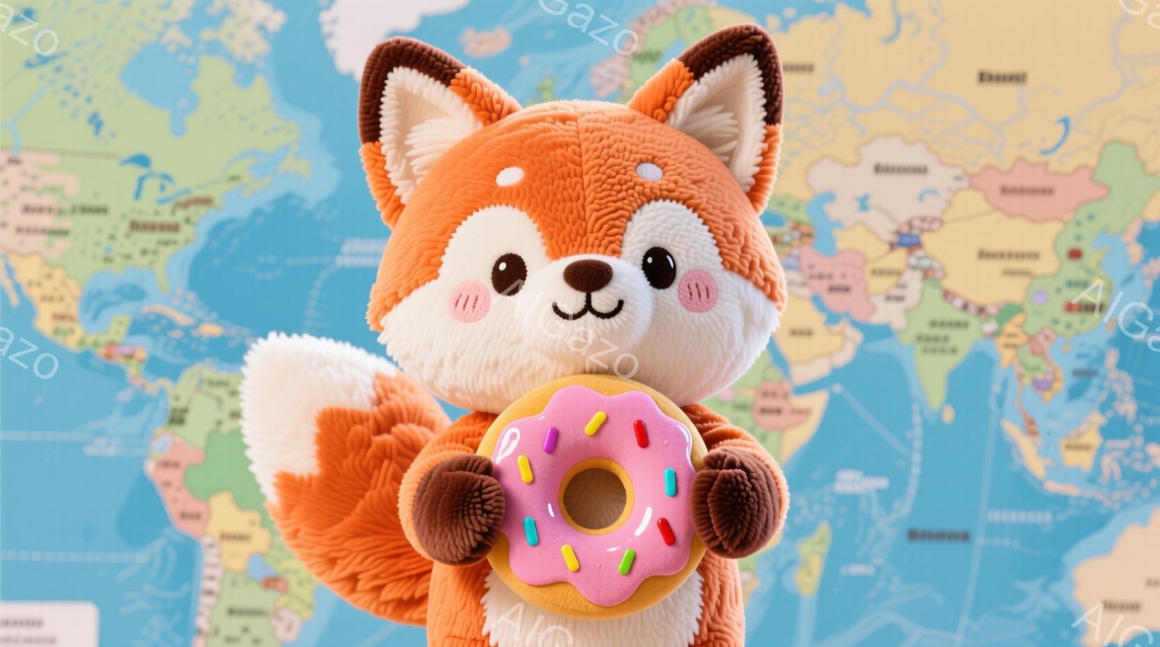 ふわふわのオレンジ色の狐のぬいぐるみは、ピンク色のアイシングがかかったドーナツを抱えています。その表情はとても可愛らしく、まるで「どうぞ」と言っているかのようです。背景には世界地図がぼやけて写っており - AI生成フリー素材