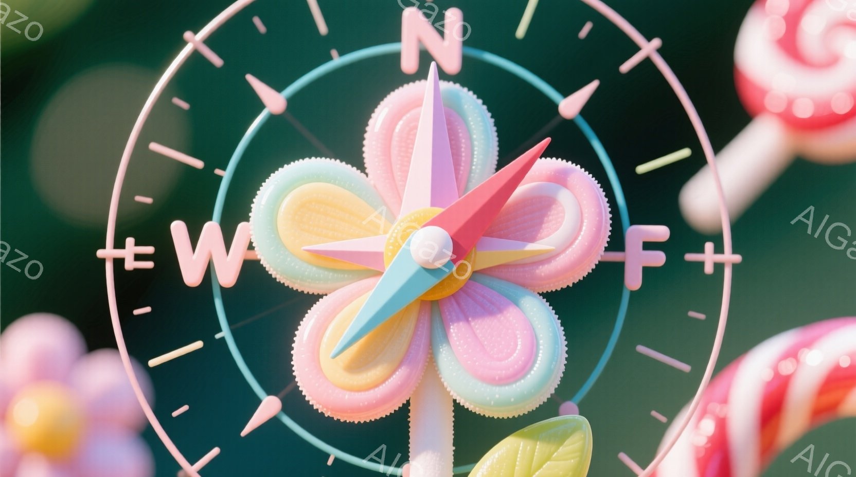 鮮やかなピンクとオレンジの巻きキャンディのような花が、コンパス盤の中心に配置されています。背景には、同様のキャンディがぼやけて見え、春らしい柔らかい色彩が広がっています。全体的に夢幻的で可愛らしい雰囲気が漂っています。