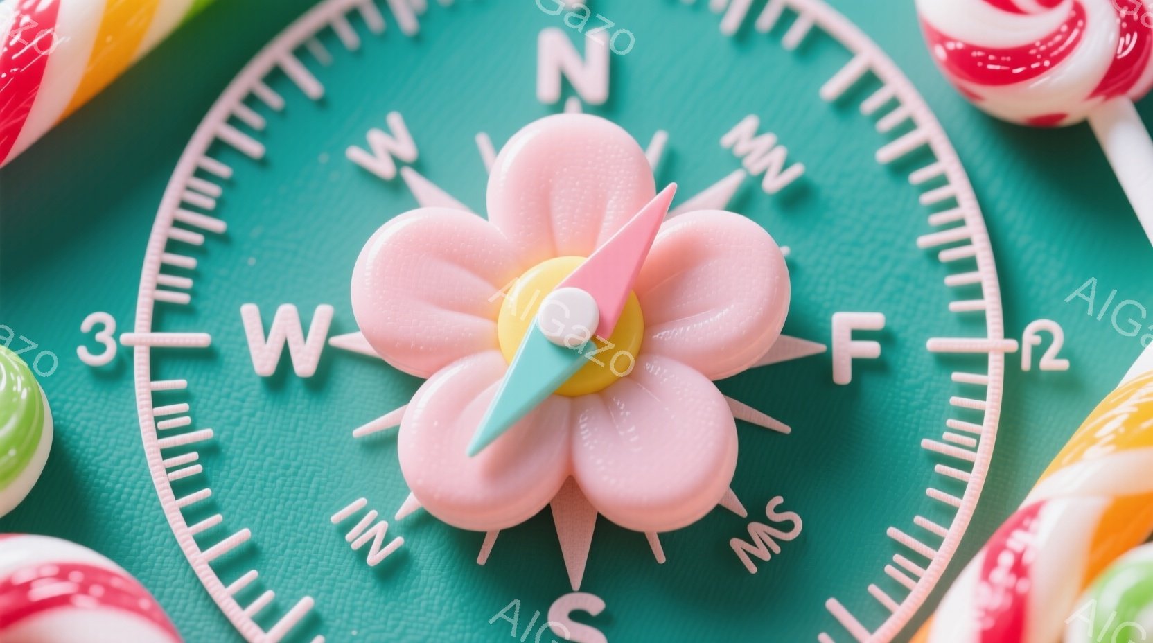 明るい緑色のコンパスが、キャンディーで囲まれて写っています。コンパスの針は花びらの形をしており、可愛らしい印象を与えます。背景には様々な色のキャンディーが散りばめられており、遊び心あふれる雰囲気を醸し - AI生成フリー素材