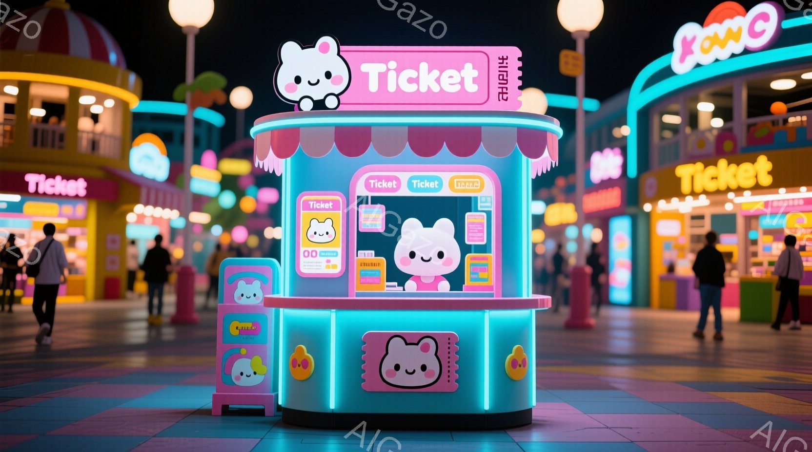 夜の遊園地の一角に、可愛らしいチケットブースが設置されている。ブースはパステルブルーとピンクを基調としたデザインで、可愛らしいウシのキャラクターが描かれている。背景には、ネオンライトで照らされた遊園地 - AI生成フリー素材