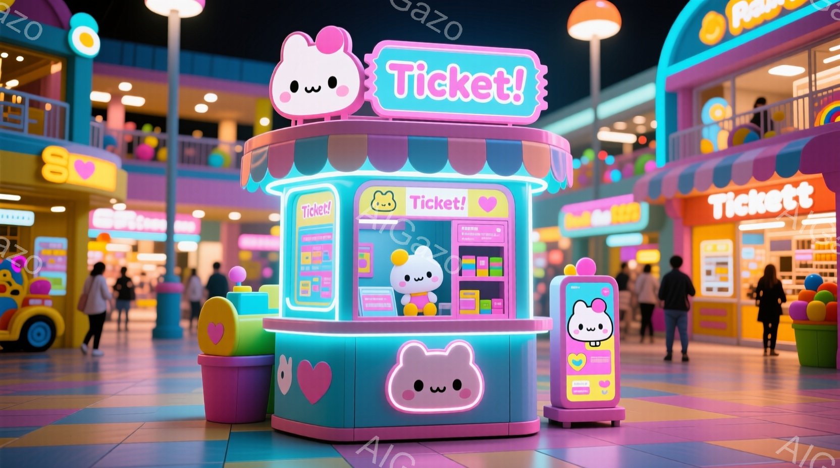 明るい遊園地の内部で、かわいいウサギをモチーフにしたチケットブースが目を引きます。人々は様々な色の服を着ており、楽しそうに遊園地内を歩き回っています。全体的にパステルカラーで統一されており、夢のような - AI生成フリー素材