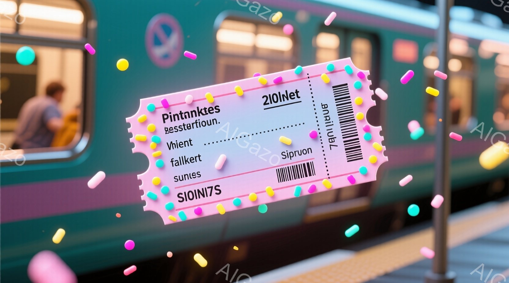 鮮やかなピンク色の背景に、カラフルな円形の紙吹雪が舞い散る光景が描かれています。車両の一部が見え、ピンク色の装飾と、"210Inet"という文字が書かれたチケットのようなものが画面手前に配置されています。全体的に、明るく楽しいお祝いの雰囲気が漂っています。