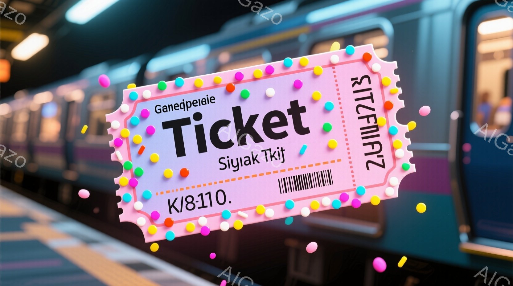 明るい紫色の背景に、カラフルな円と水玉模様が散りばめられたチケットが大きく配置されています。チケットには「Ticket」という文字と、小さな文字で「Siyak Tkij」と書かれ、バーコードと「K/8110」という数字が表示されています。背景には、ぼやけたプラットフォームと電車の一部が見え、華やかで楽しい雰囲気を醸し出しています。