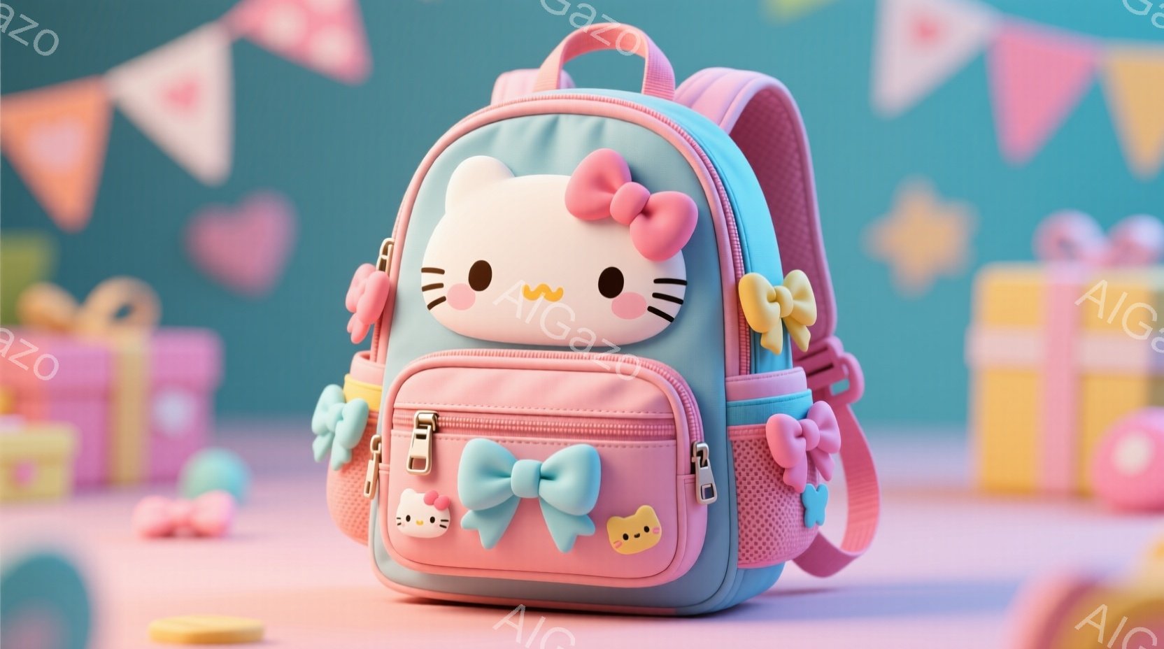 明るいピンクと水色のリュックサックが中央に配置されており、ハローキティをモチーフにしたデザインが特徴的です。リュックサックにはキティちゃんの顔が描かれ、リボンやフリルなどの装飾が施されています。背景にはパステルカラーのプレゼントや旗が配置され、お祝いムードを演出しています。