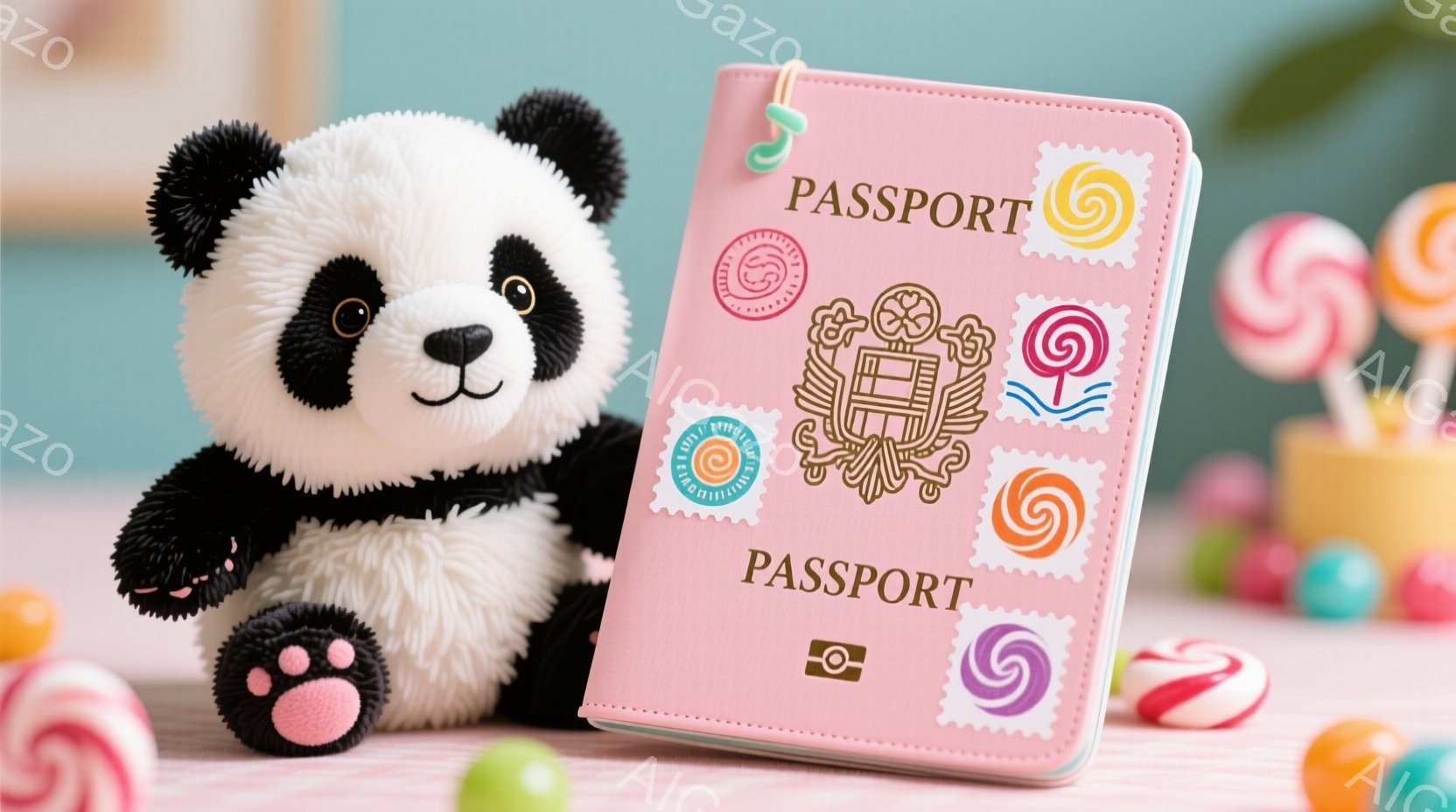 白と黒のパンダのぬいぐるみと、ピンク色のパスポートが並んで置かれています。パスポートには、キャンディや紋章などの可愛らしいステッカーが貼られています。背景には、カラフルなキャンディや緑色の小さな球が見え、全体的に明るく楽しい雰囲気です。