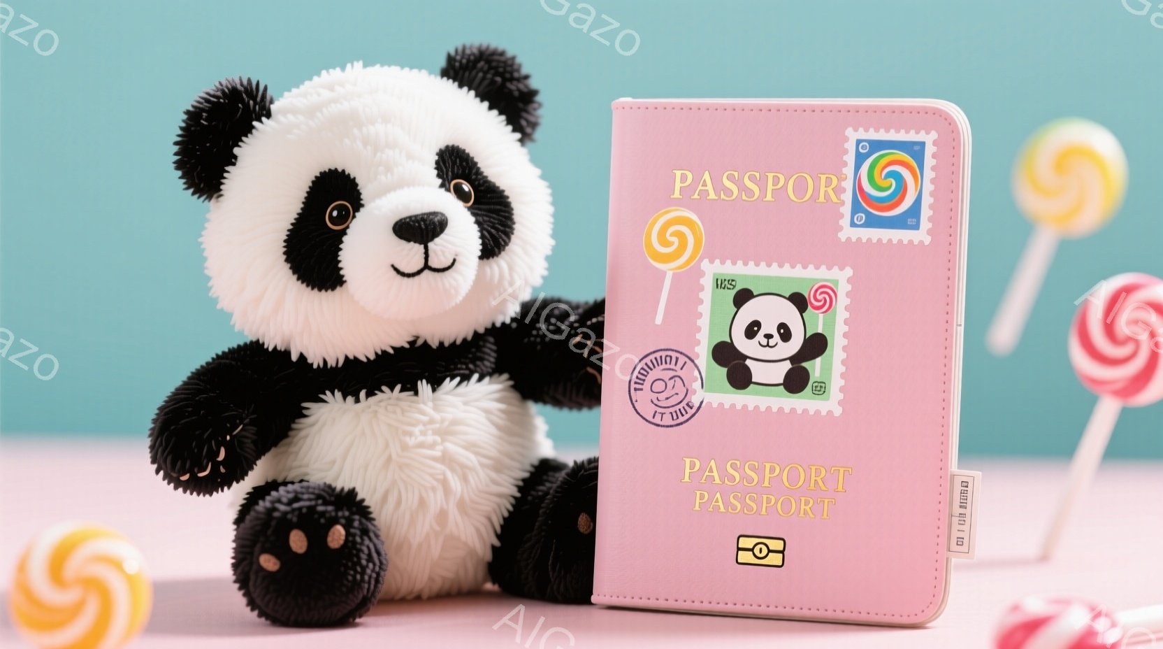 ぬいぐるみパンダがピンク色のパスポートの隣に座っています。パスポートにはかわいいパンダのイラストやキャンディの切手が貼られています。背景には渦巻き模様のキャンディがいくつかあり、全体的に明るく遊び心の - AI生成フリー素材