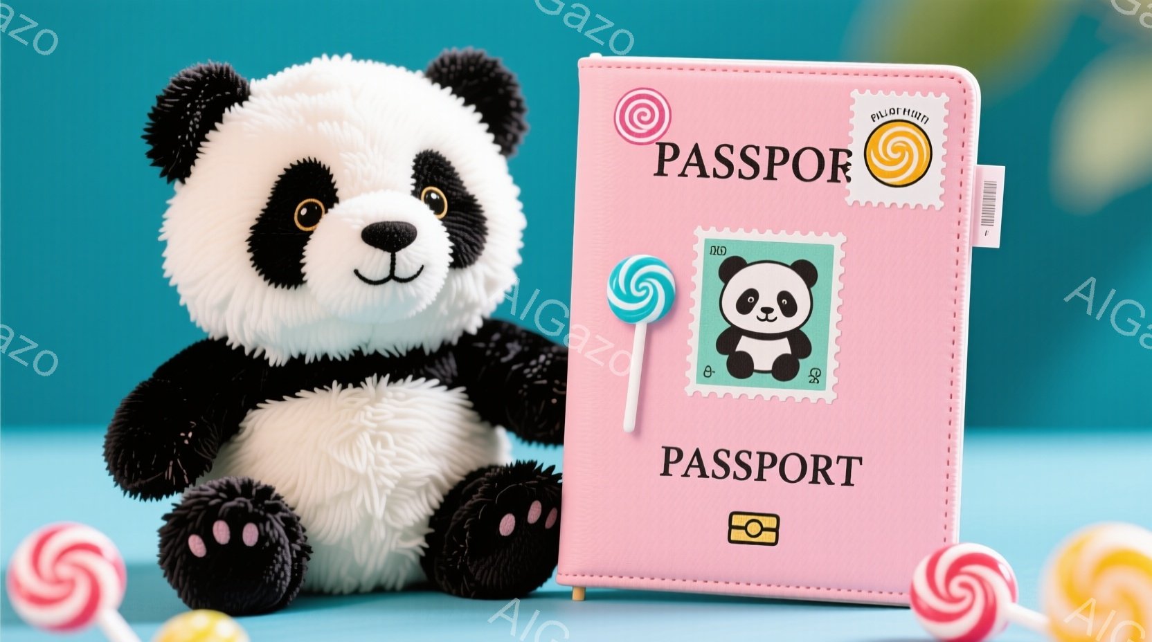 ふわふわのパンダのぬいぐるみと、ピンク色のパスポートが並んで配置されています。パスポートにはパンダのスタンプが貼られ、キャンディーが周囲に散りばめられています。全体的に明るく、お祭りや旅行を連想させる - AI生成フリー素材