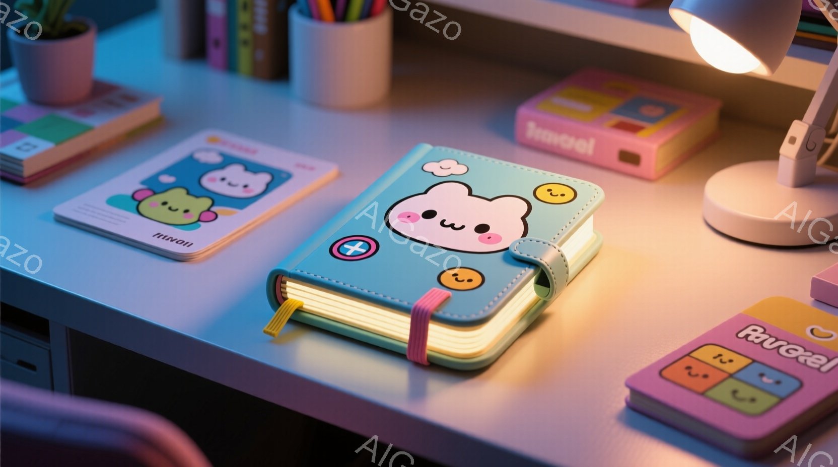 明るい青色の机の上に、可愛らしい雲のキャラクターが描かれたノートが並んでいます。ノートはパステルカラーで、ピンク、緑、青の色合いで、全体的に柔らかく温かい雰囲気です。背景には、ペン立てや他のノートが見 - AI生成フリー素材