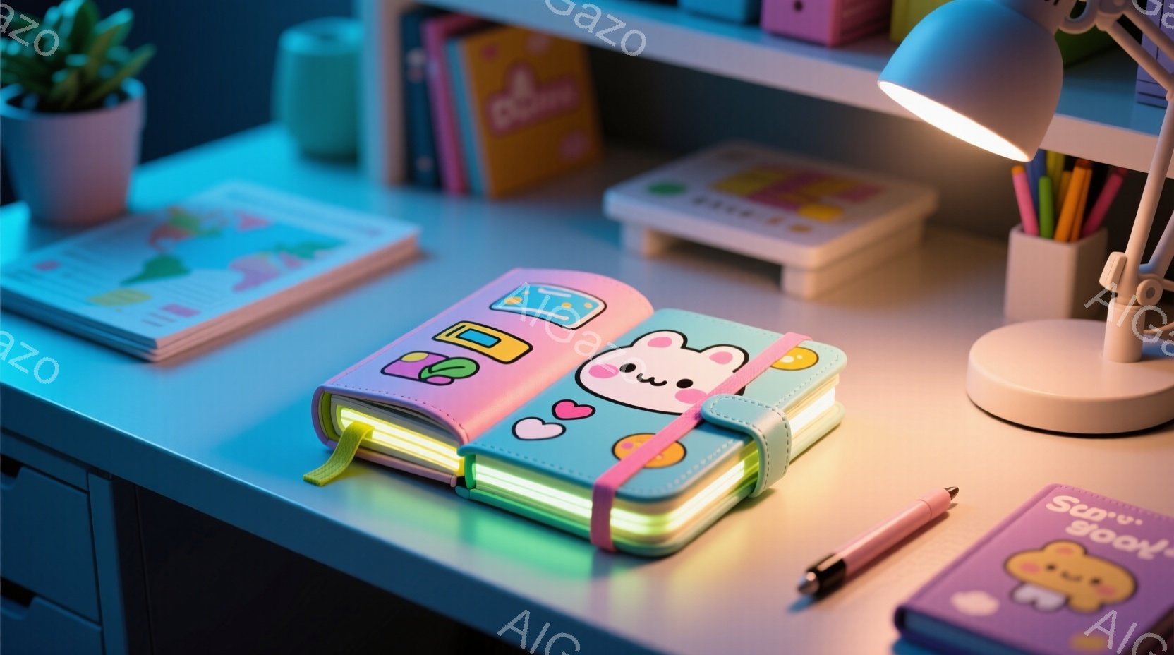 明るいピンクとターコイズブルーのノートが、クリーム色の机の上に開いています。ノートには可愛らしいイラストが描かれており、蛍光色のしおり紐がついています。背景には、他の本や文房具、そして柔らかな光を放つデスクライトが見え、全体的に若々しく創造的な雰囲気が漂っています。