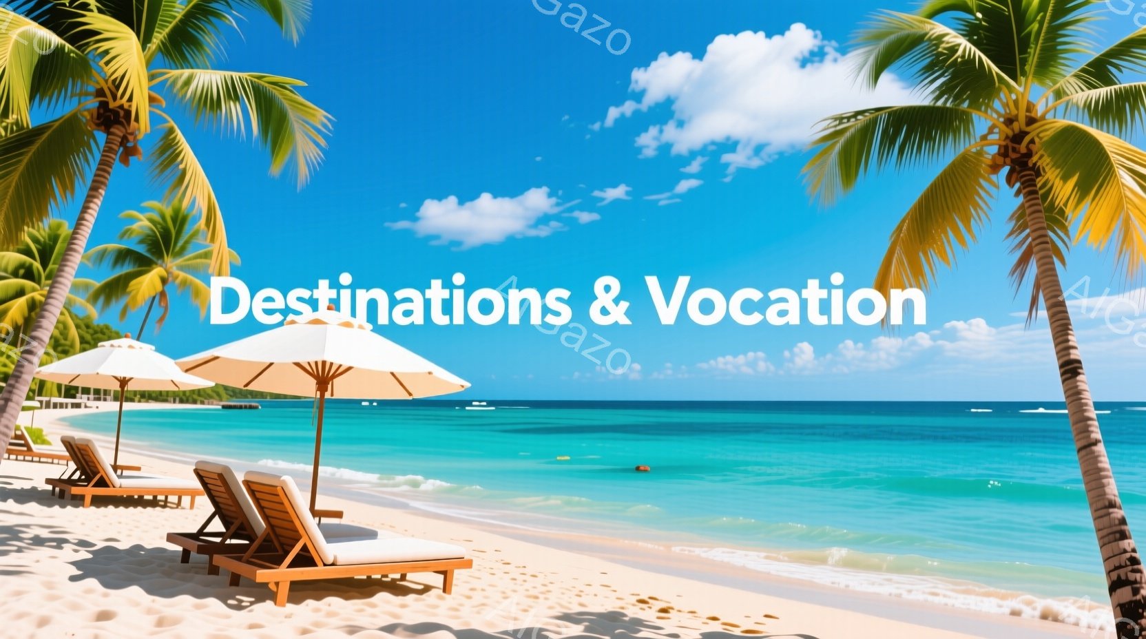 鮮やかな青い海と白い砂浜が広がる美しい熱帯のビーチです。パラソルとビーチチェアが設置され、のんびりとしたリラックスした雰囲気を醸し出しています。空は晴れ、わずかな雲があり、完璧な夏の休日を連想させます - AI生成フリー素材