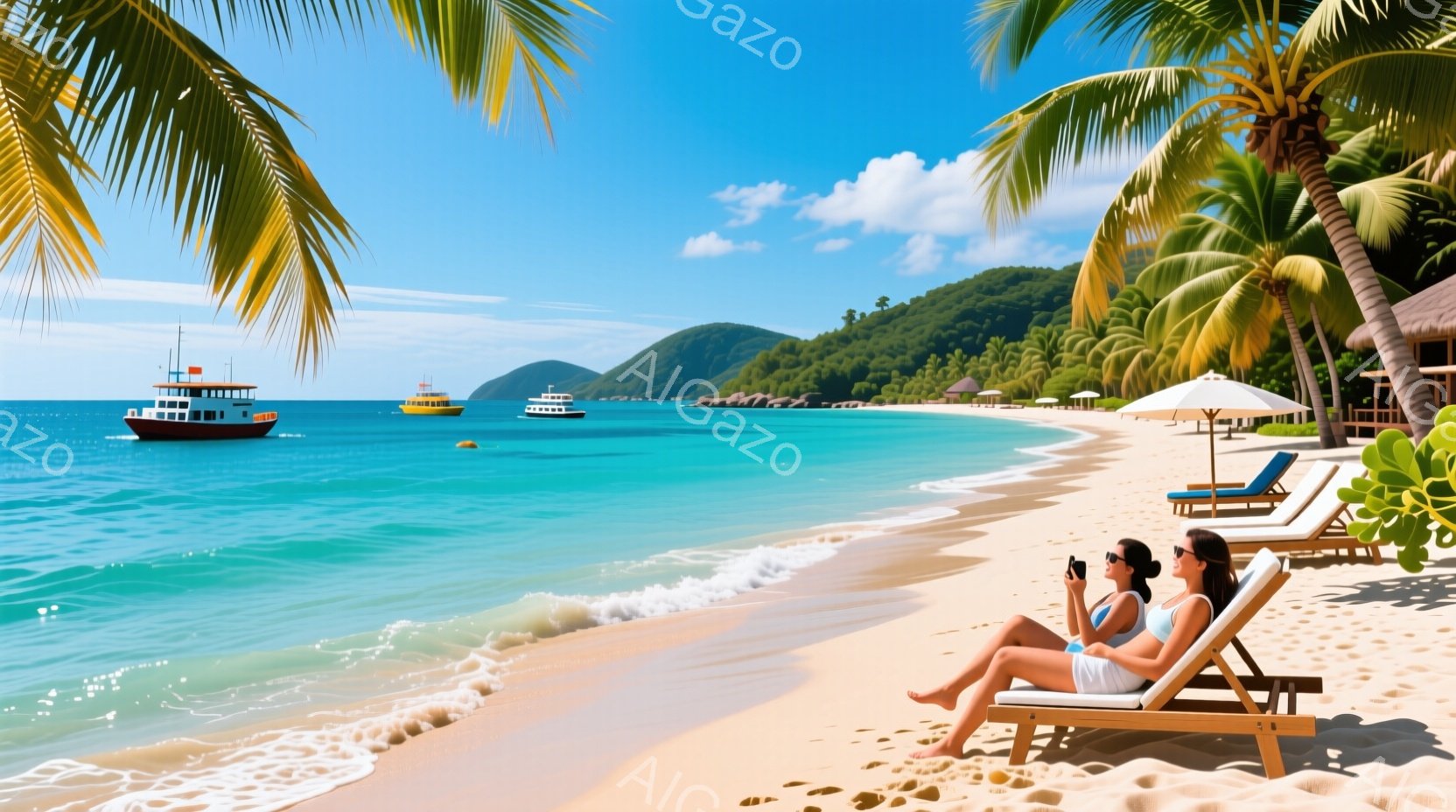 砂浜に横たわる二人の女性が写っています。彼女たちはサングラスをかけ、リラックスした様子でビーチチェアに座り、スマートフォンで何かを見ています。背景にはターコイズブルーの海、遠くの緑豊かな山々、そして晴 - AI生成フリー素材