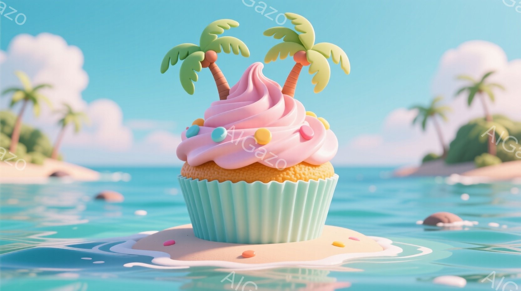 鮮やかなターコイズブルーの海に浮かぶカップケーキが印象的な画像です。カップケーキは水色のペーパーカップに入り、ピンク色のクリームにはカラフルなキャンディーが飾られています。背景にはヤシの木が生えた小さな島が見え、明るく陽気な夏の雰囲気を醸し出しています。