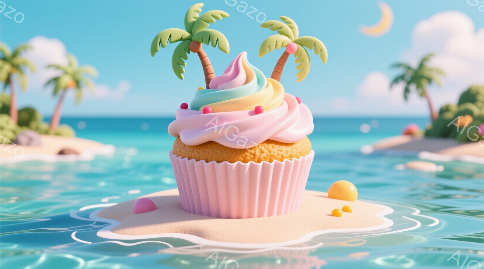 鮮やかな水色の海に浮かぶ、可愛らしいカップケーキの島です。カップケーキはピンク色のラッピングで覆われ、クリームは虹色にグラデーションがかかっています。背景にはヤシの木が生い茂り、穏やかな青空と太陽が、南国リゾートの雰囲気を作り出しています。