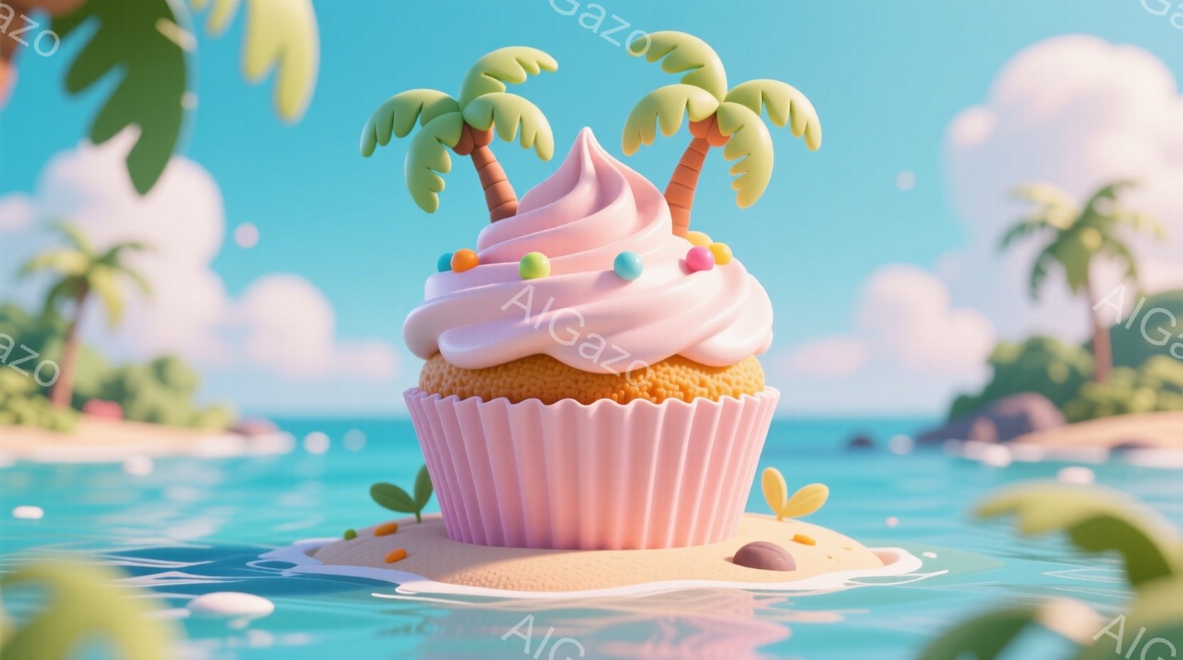 明るい青い海に浮かぶ、クリームとカラフルなスプリンクルが飾られた大きなカップケーキが印象的です。カップケーキの周りにはヤシの木が生えており、まるで小さな島のような風景を作り出しています。全体的に明るく - AI生成フリー素材