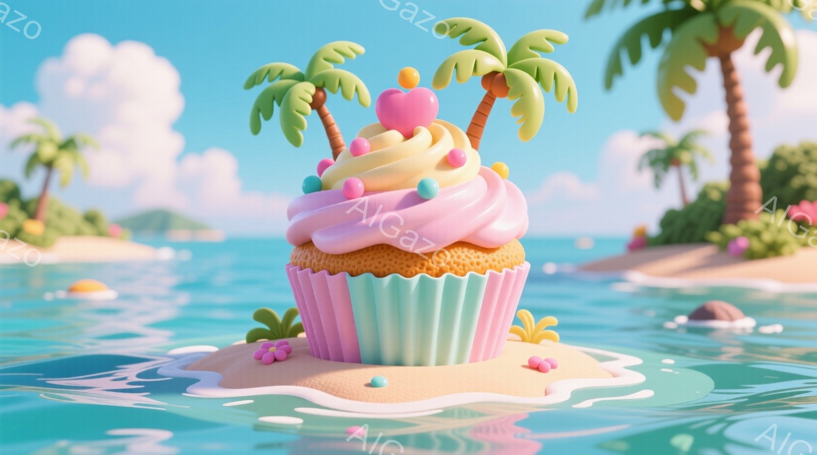 明るい青い海に、ピンクのフロスティングとオレンジ色のスポンジケーキで作られた巨大なカップケーキが浮かんでいます。カップケーキの上には小さなピンク色のハートとカラフルなスプリンクルが飾られ、周囲にはヤシ - AI生成フリー素材