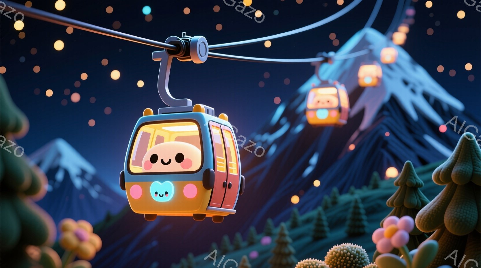 鮮やかなピンクとオレンジ色のゴンドラが、雪山を背景に空を飛んでいる様子が描かれています。ゴンドラは可愛らしい顔を持っており、まるで生きているかのような表情をしています。背景には針葉樹の森と、夜空に輝く星々が点在し、ファンタジックで温かい雰囲気を醸し出しています。