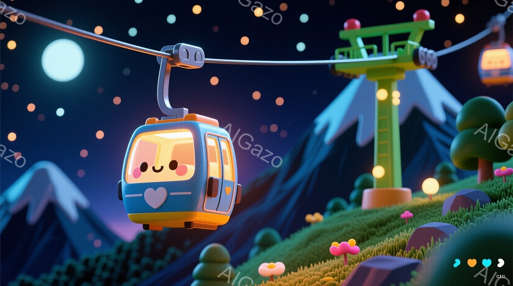 かわいらしい青いゴンドラが山々を背景に空を飛んでいる様子を描いています。ゴンドラには笑顔の顔が描かれており、明るい雰囲気です。背景には、緑色の丘や木々、そして遠くに見える寺院のような建物があり、夜空には星が輝いています。