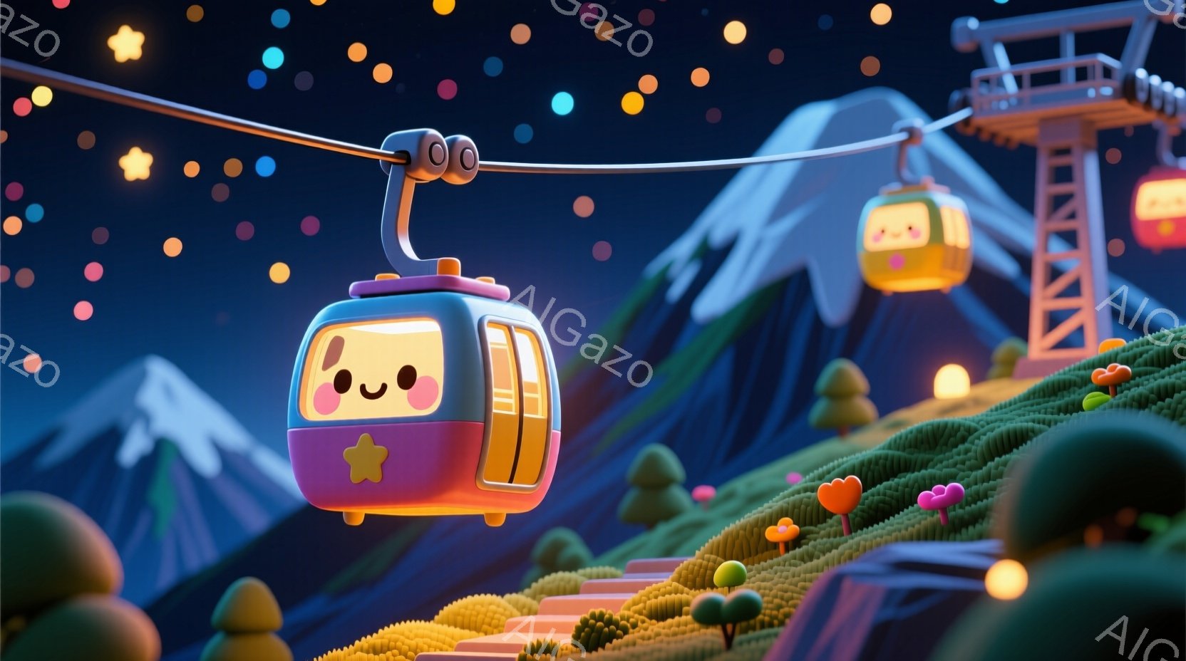 可愛らしいケーブルカーが夜空を舞台に描かれています。ケーブルカーはオレンジと紫色のカラフルな配色で、正面には笑顔の顔が描かれています。背景には雪を頂いた山々と、カラフルな草花が生い茂る丘が広がり、まる - AI生成フリー素材